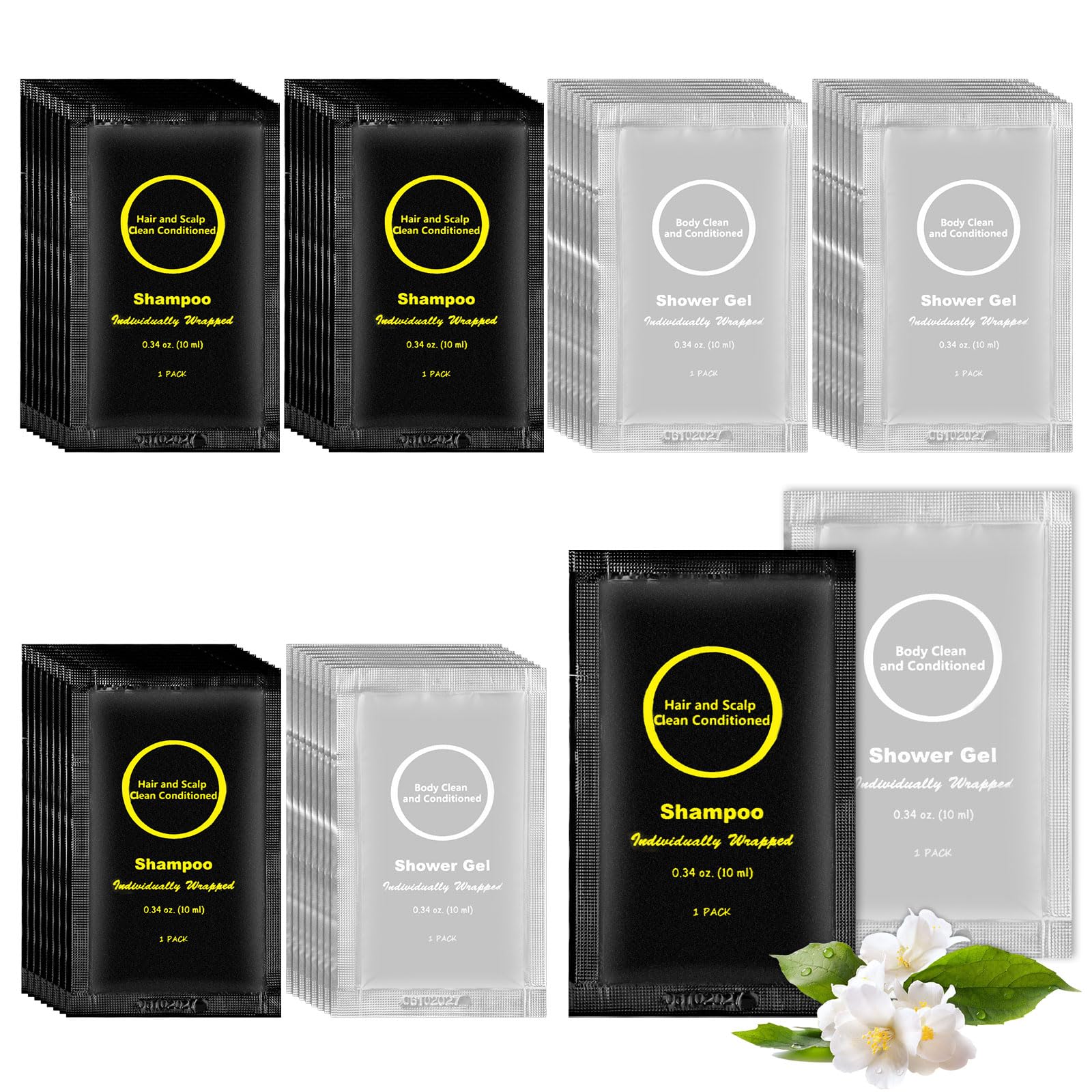 Travel Size Shampoo and Shower Gel Set,Individually Wrapped Toiletry Kit,Mini Body Wash and Shampoo Porable for Travel/Hotel/Guests/Vacation/Homeless (0.34 fl oz(Pack of 60))