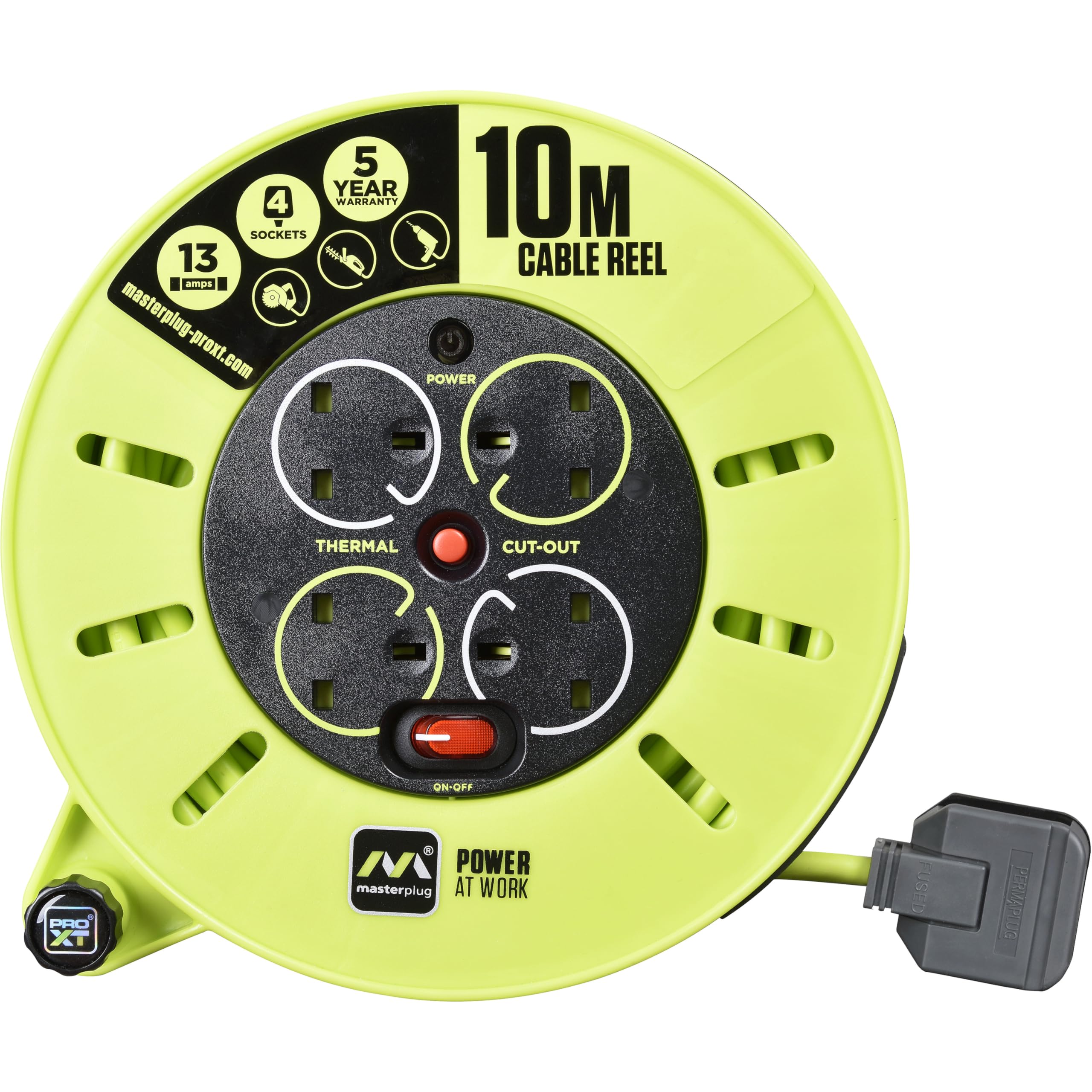 MasterplugFour Socket, 10 Metre Premium Cassette Reel, Medium Power Cable Extension Reel, Thermal Cut-Out & Power Indicator, Heavy Duty, Pro-XT, Grey/Green, 13A, 4G, 10m, CMU10134SL