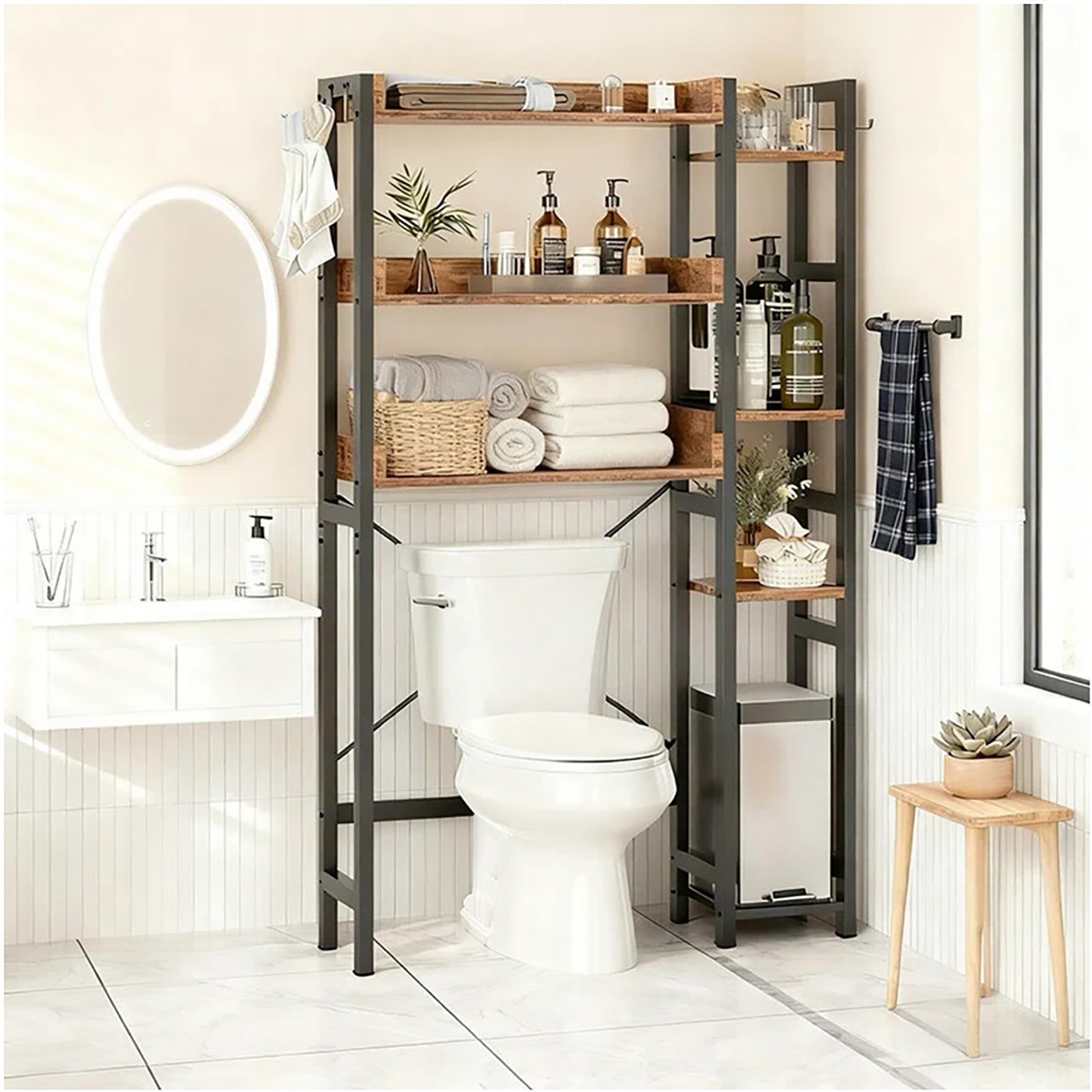 Relaxdays estantería sobre Inodoro, 3 Niveles, Mueble para baño sobre WC, 161x80x24 cm, Metal/MDF, Negro/marrón