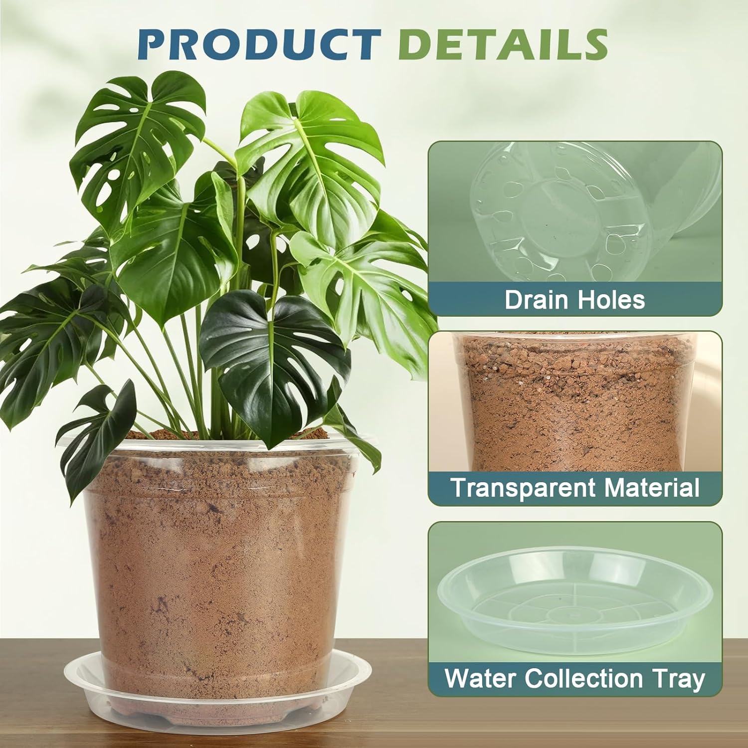 5 Packs 10 Inch Large Clear Nursery Pots with Drainage Hole and Saucers, Plastic Plant Pots for Seedlings, Flowers, Indoor Outdoor Garden