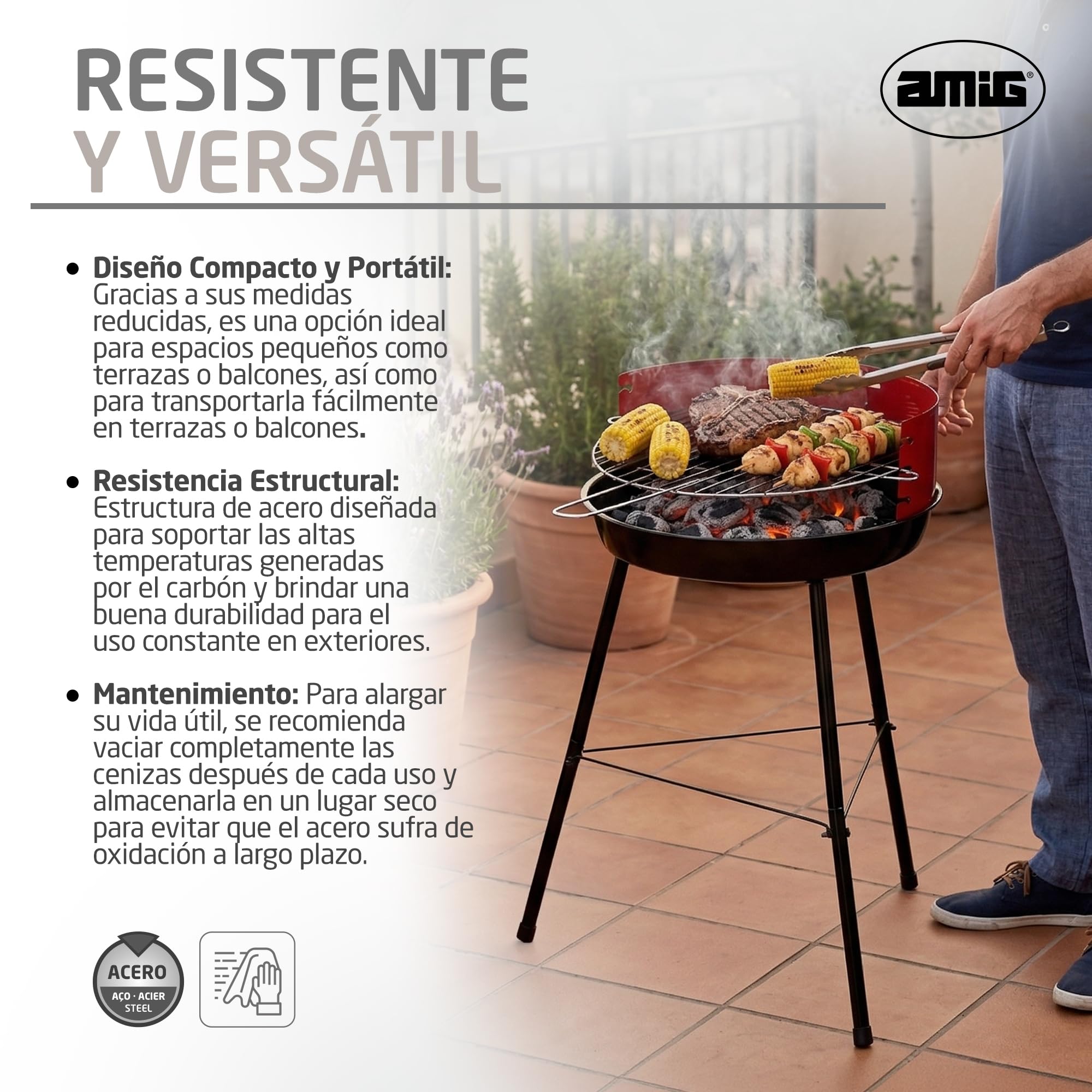 Amig - Barbacoa de carbón - 57 x 54 x 84 cm - Negro - Fabricado en Acero - Jardín y patio - para terraza y balcón con tamaño ajustado a espacios pequeños uso práctico y mantenimiento fácil. Mod. FENIX