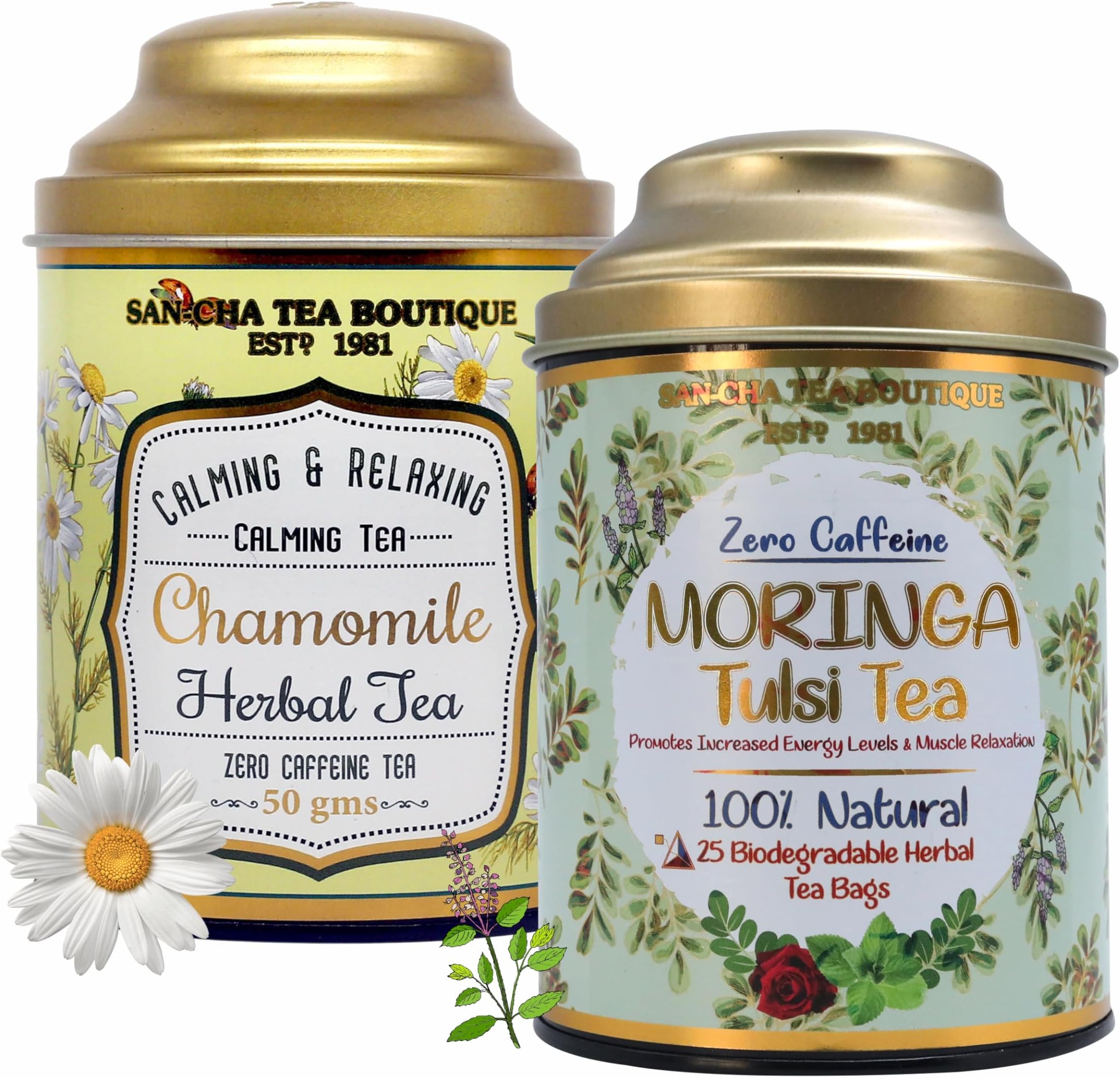 Sancha Tea Boutique, Chamomile (50g) & Moringa Tulsi (25 Pyramid Bags), Caffeine-Free Herbal Tisanes, Calming & Relaxing Combo Pack