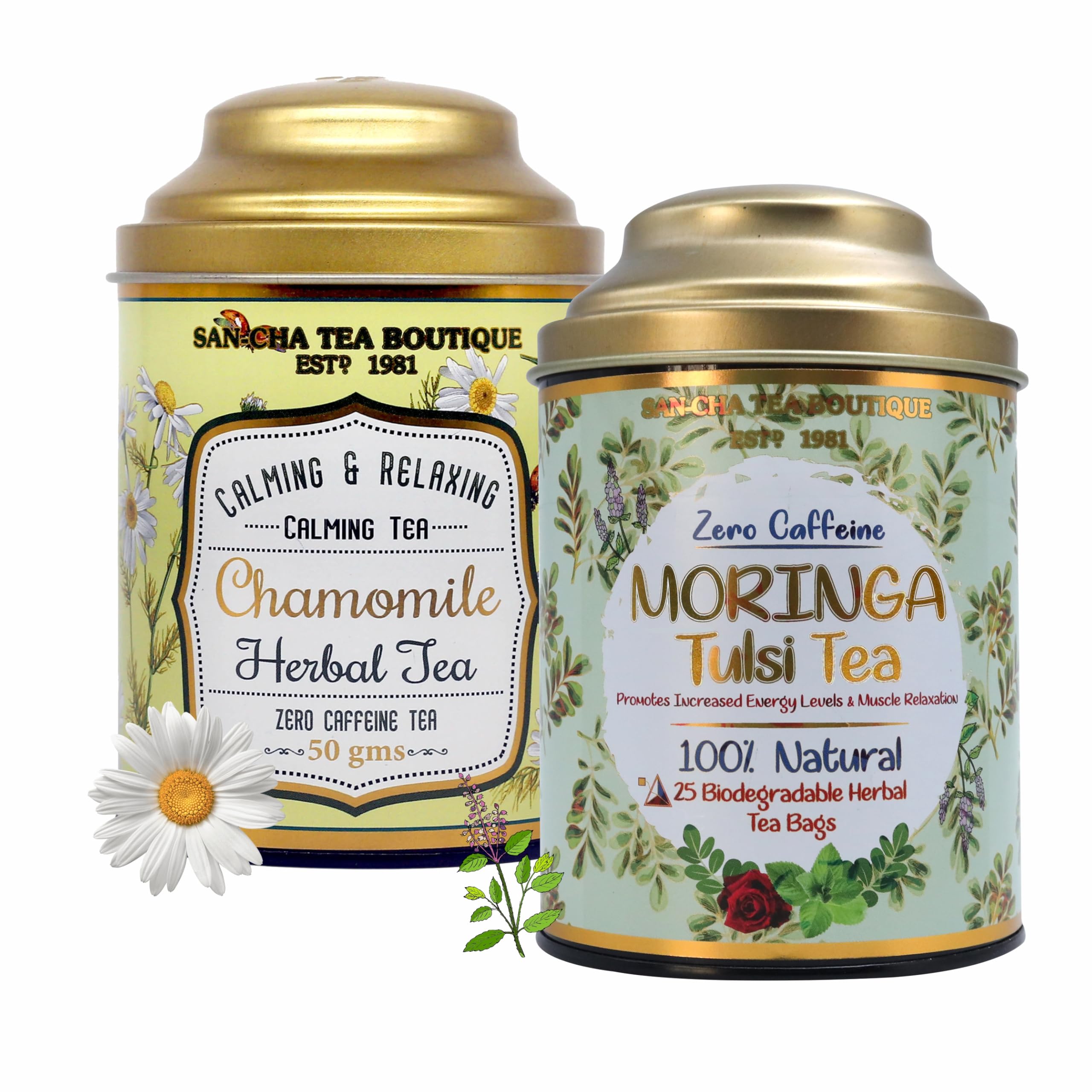 Sancha Tea Boutique, Tea Combo Pack: Chamomile (50g) & Moringa Tulsi (25 Pyramid Bags), Caffeine Free Herbal Tisanes, Calming & Relaxation
