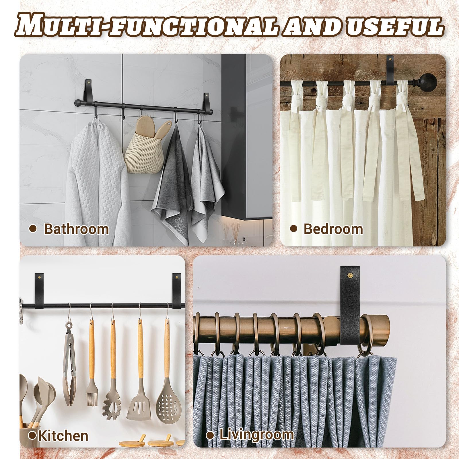 BETOOKY Sangles de Tringle à Rideaux en Cuir Noir 4 Pcs, Support Mural Multi-Fonctionnel et Pratique pour Salle de Bain Cuisine, Style Bohème Élégant