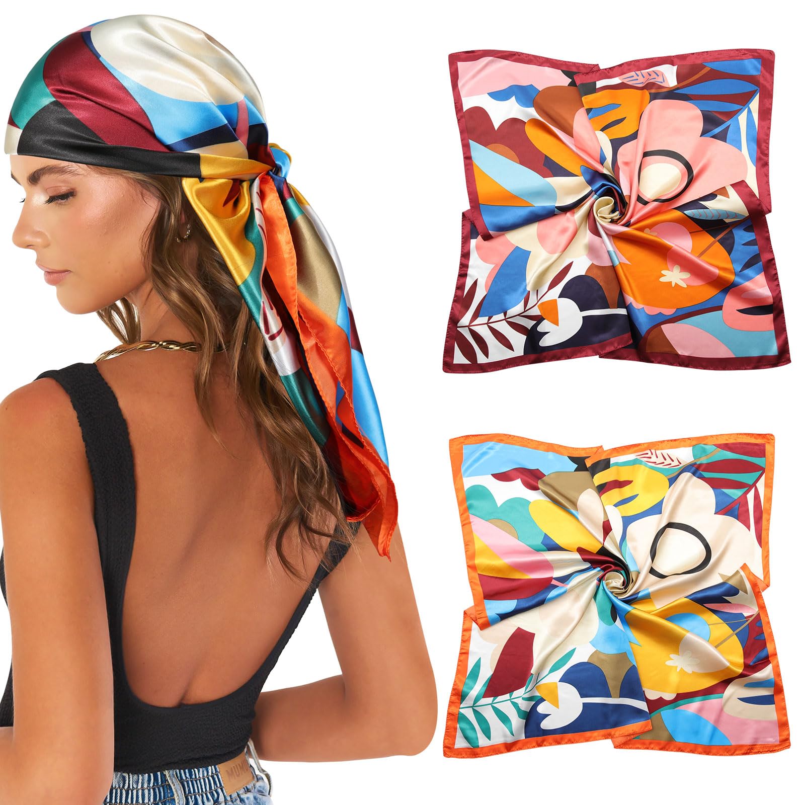AWAYTR35” Large Satin Square Head Scarf - 2Pcs Silk Like Floral Head Scarves Square Satin Hair Scarf Bandanas for Women
