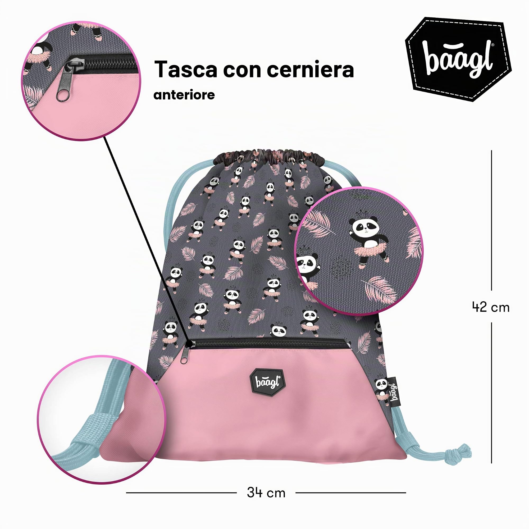 Baagl Set da 3 Pezzi Zaino Scuola Primaria con Cintura sul Petto, Zainetto Ergonomico per Bambini, Panda, 37x28cm