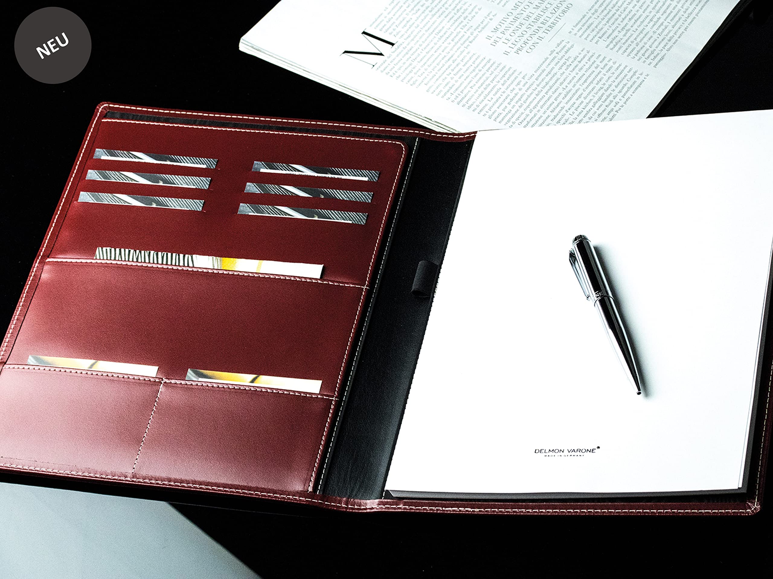 DELMON VARONE - Personalisierbare Schreibmappe DIN A4 aus Cambridge Top Grain Leder rot, Organizer Konferenzmappe mit Notizblock, Stiftschlaufe & Einsteckfächer, Echtleder Business Organisationsmappe