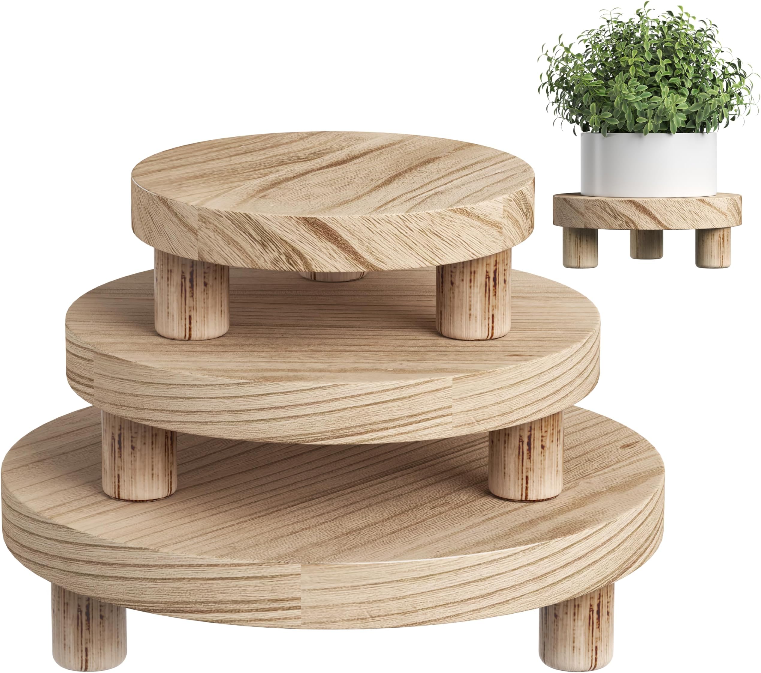 3 Pcs Wood Plant Stand Indoor Outdoor, Wooden Stool Display Stand 6/8/10" Round Riser Flower Pot Holder Small Planter Tray Modern Potter Decorative for Garden Desktop Home Table Counter Room, Natural