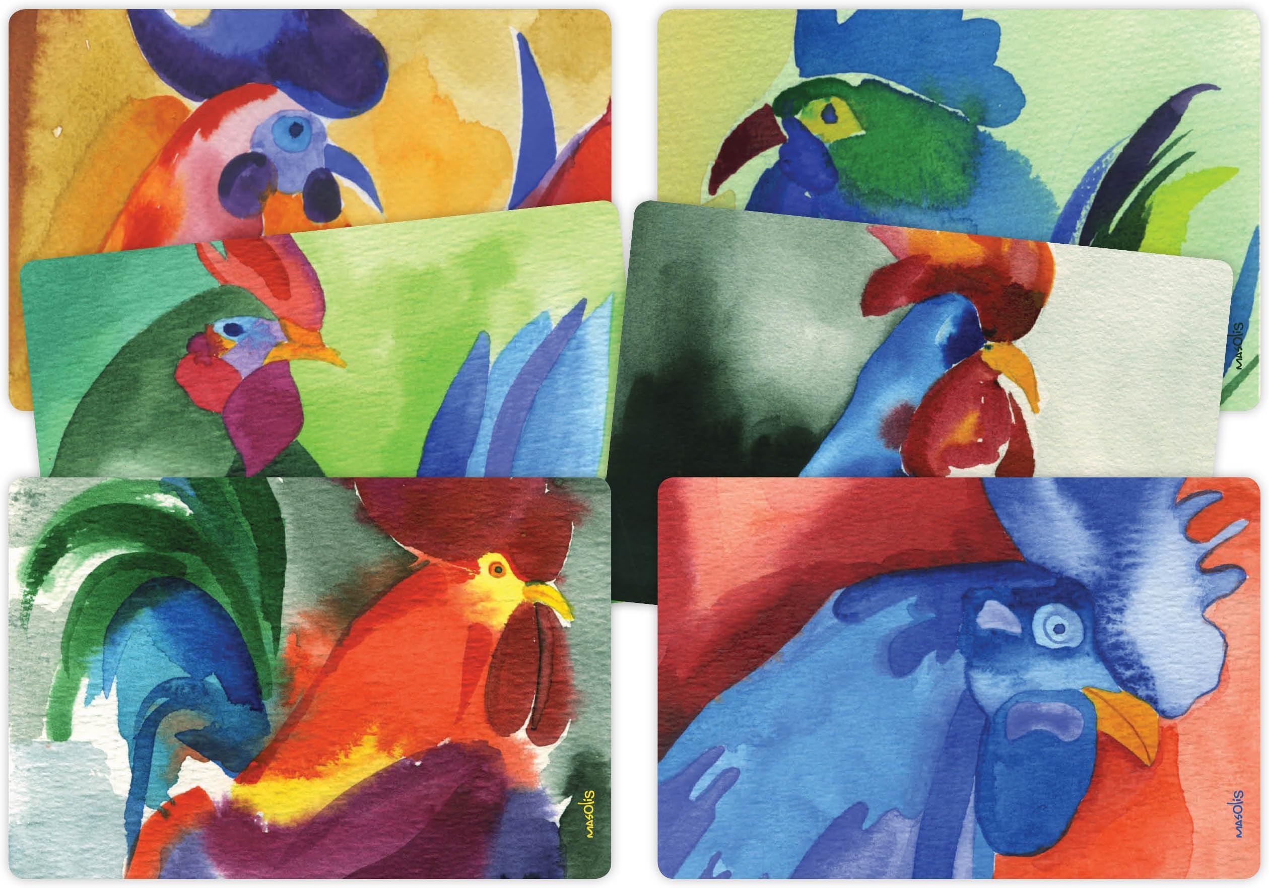 Designer Placemats - Watercolor Roosters - Set of 6