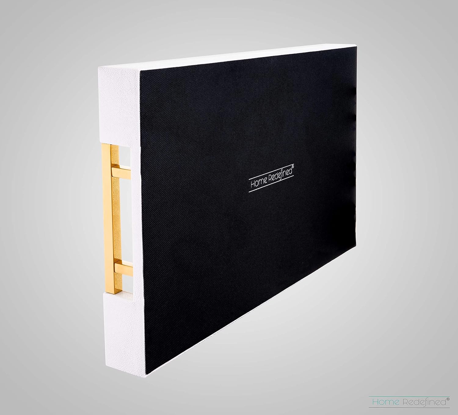 White Glossy Shagreen Faux Leather Tray with Gold Handles