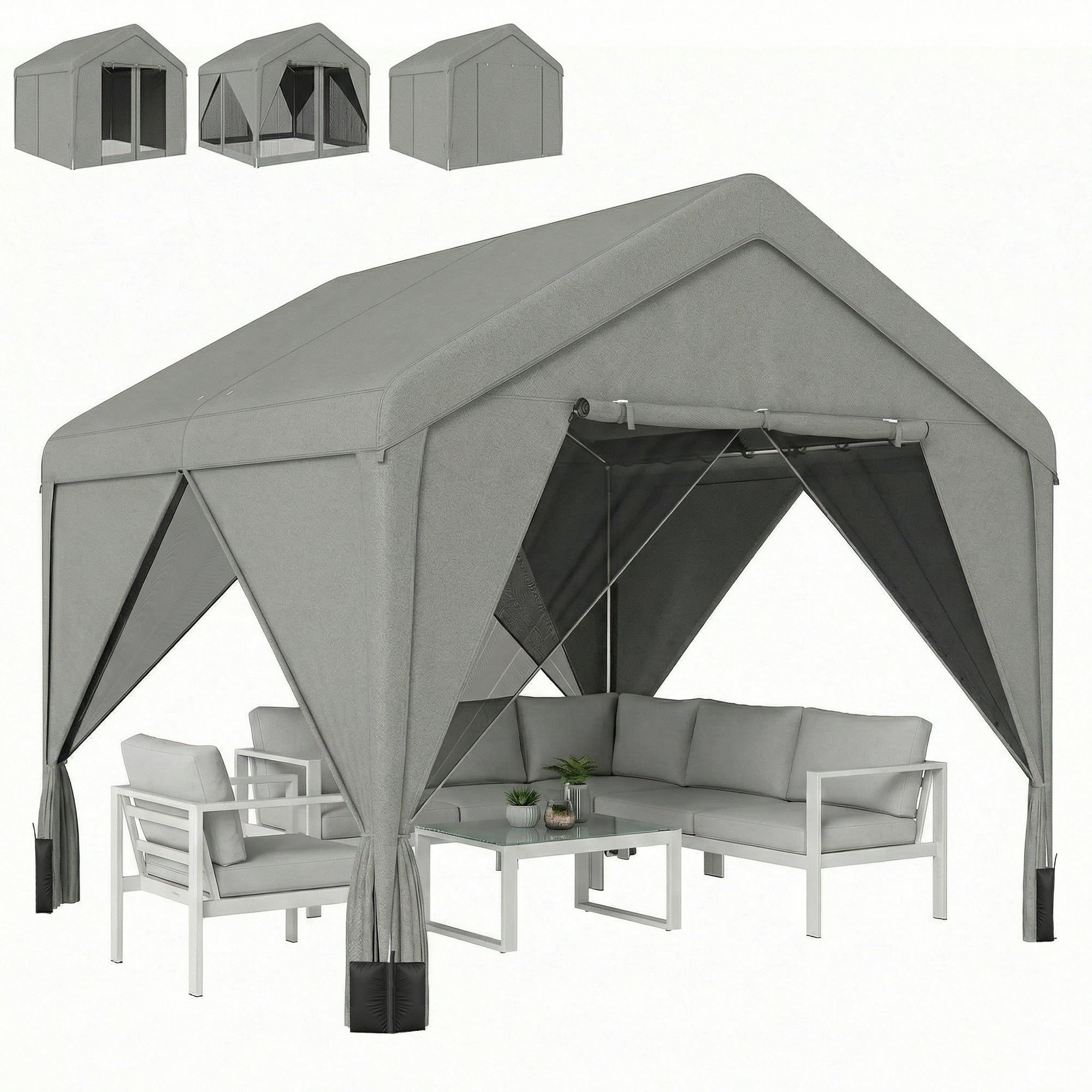 Outsunny Tonnelle de Jardin extérieur 3x3m Hydrofuge Acier Double Toit Gris