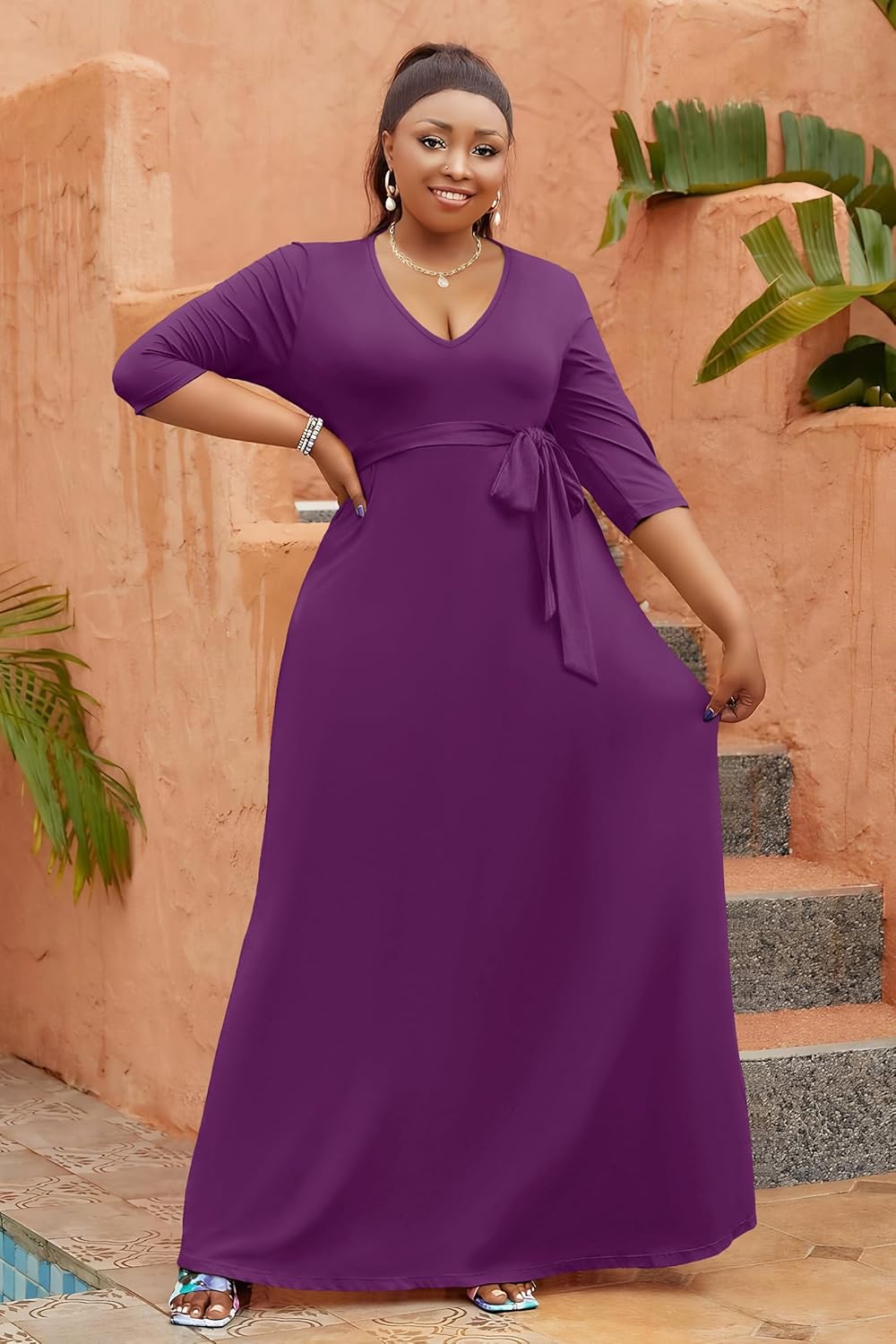 FANDEE Maxi Dress for Women, Long Casual Empire Waist Dresses 3/4 Sleeve V-Neck with Pockets - Image 2