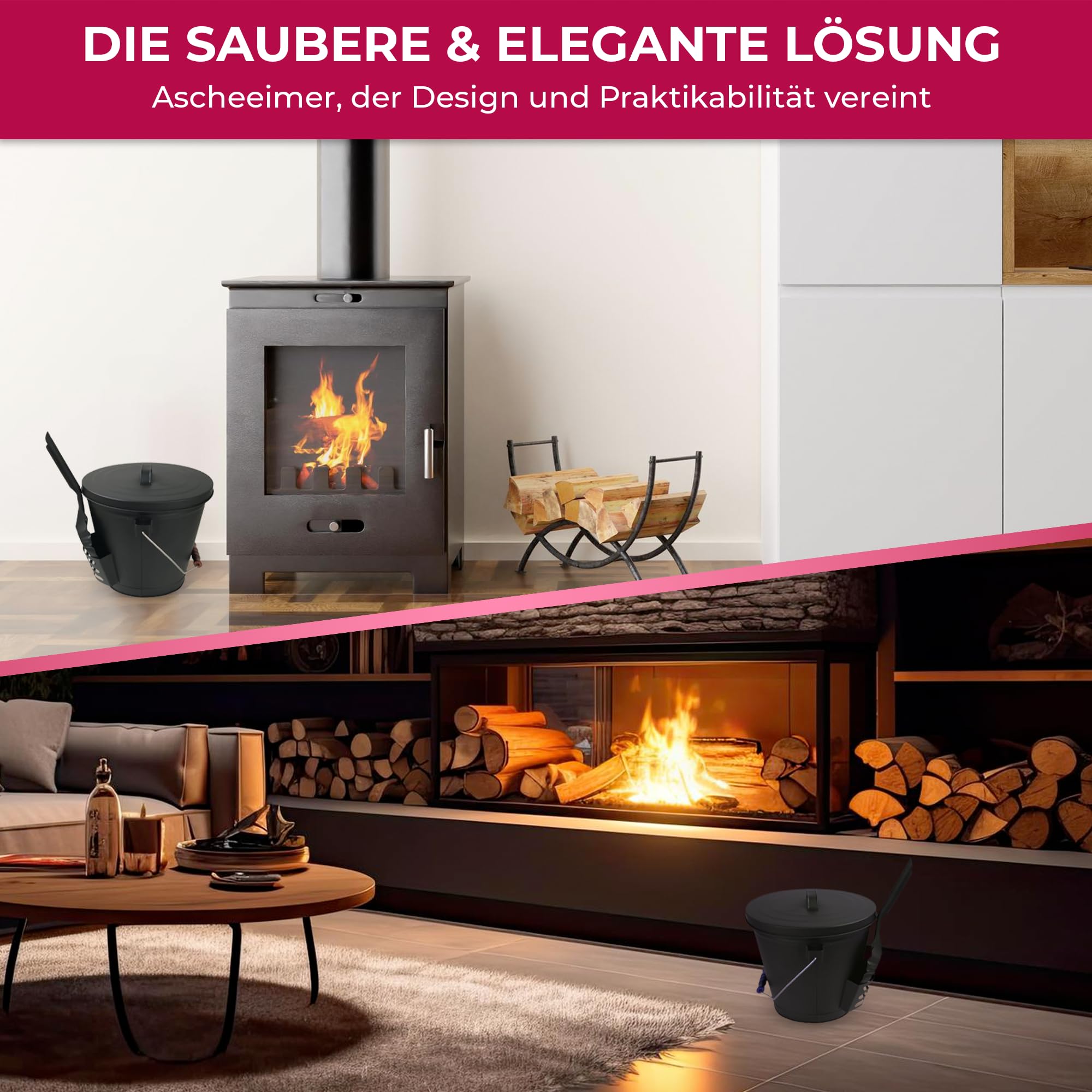 SULENO Ascheeimer Boston, 19L Kohleeimer, Inkl. Deckel, Schaufel &, Schwarz