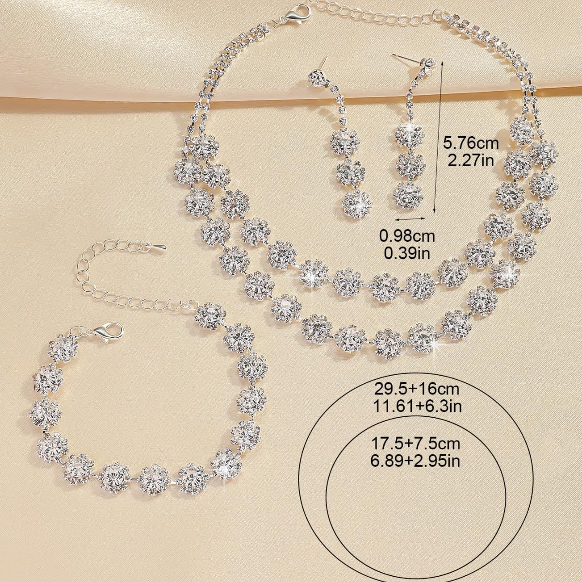 Crystal Statement Choker Necklace Earrings Bracelet Set Silver Rhinestone Necklace Earrings Sets Formal Costume Jewelry Bridal Wedding Jewelry Set for Women 11.61+6.3in - Image 6