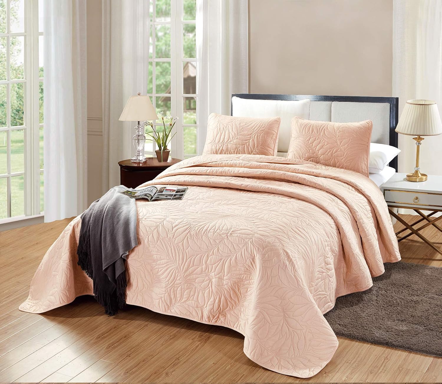GrandLinen 3-Piece Bedding Savannah Quilt Set Solid Blush Pink Oversize Queen Size 106"X100" Bedspread with 2 Pillow Shams - Leaf Foliage Silhouette Pattern Soft Microfiber Coverlet