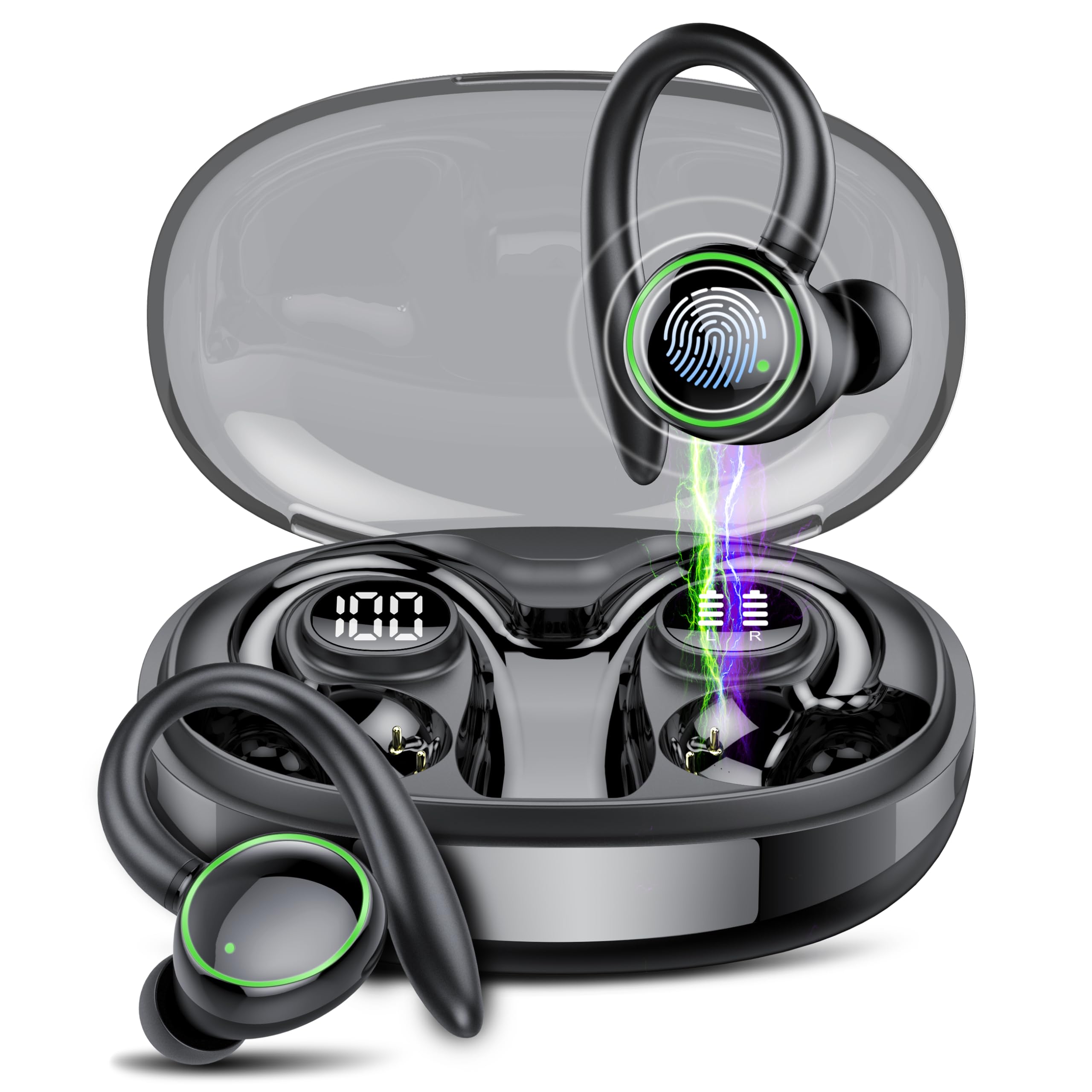 Cuffie Bluetooth Sport, Auricolari Bluetooth 5.3 con 4 HD Mic, 48 Ore Cuffie Wireless In Ear con ENC Cancellazione Rumore, IP7 Impermeabili Cuffiette Bluetooth, Cuffie Senza Fili con Ganci, Nero(2024)