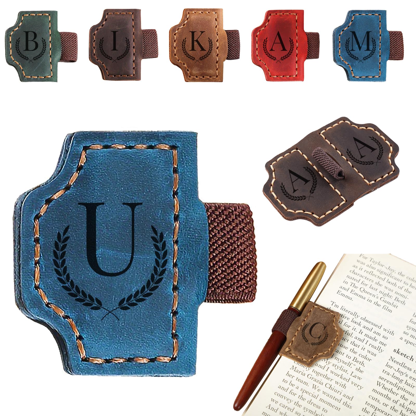 Magnetic Bookmarks with Pen Holder, 26 Letters Name Initia Personalized Leather Book Mark, Gifts for Book Lovers Readers Teacher Women Men
