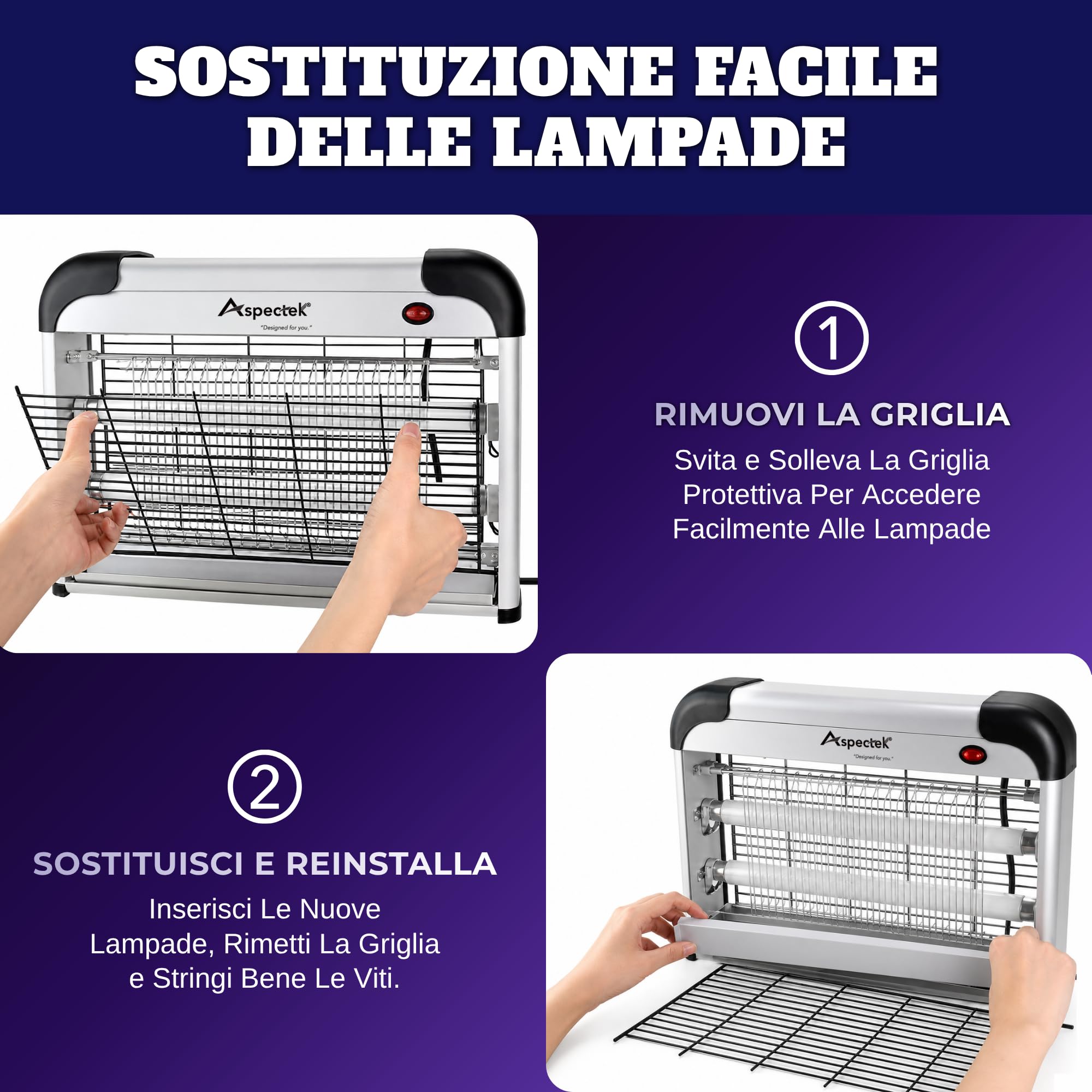 ASPECTEK Lampada Antizanzare Elettrica 20W 2800V – Sterminatore di Insetti e Mosche per Interni, Trappola per Insetti Volanti (Zanzare, Mosche, Moscerini), Include 2 Lampadine UV di Ricambio