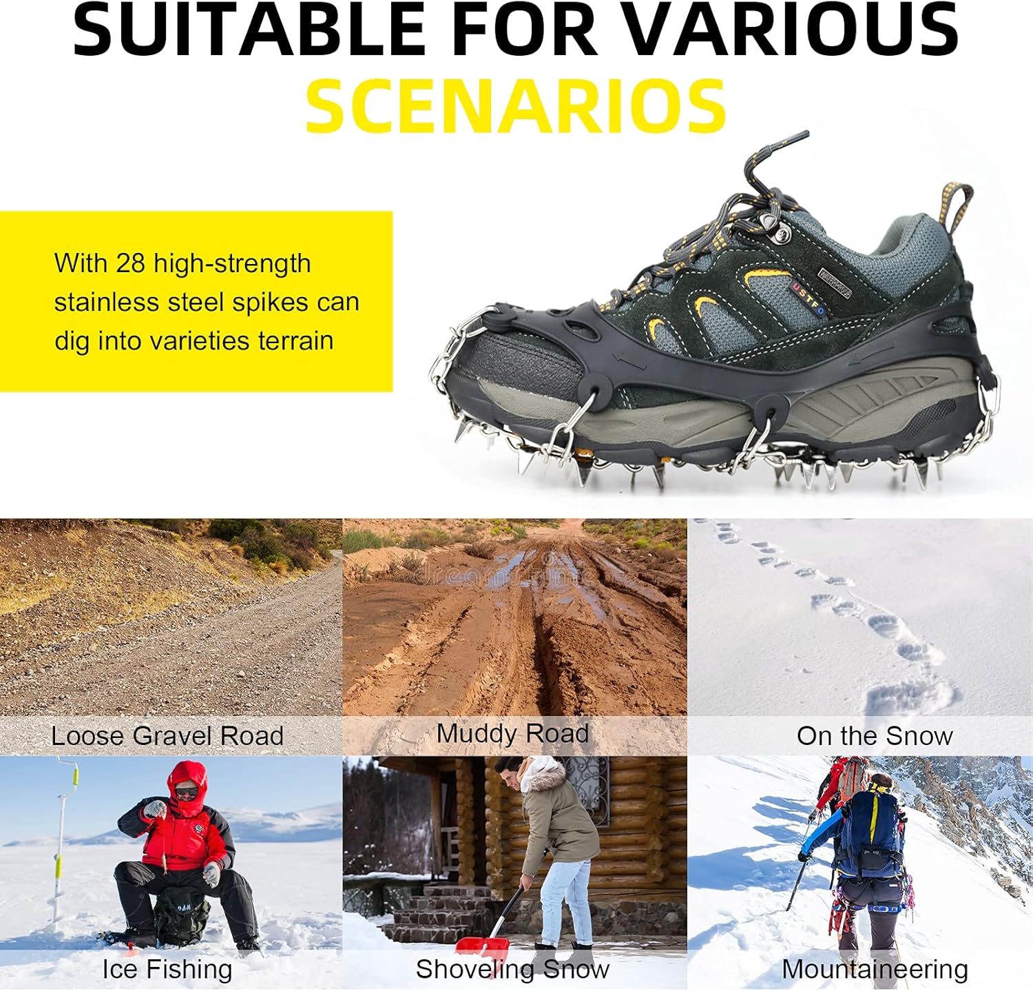 LyTinxy Crampons Ice Cleats Traction Snow Grips for Boots Shoes Women Men Kids Anti Slip 28 Stainless Steel Spikes Safe Protect for Hiking Fishing Walking Climbing Jogging Mountaineering : Clothing, Shoes & Jewelry
