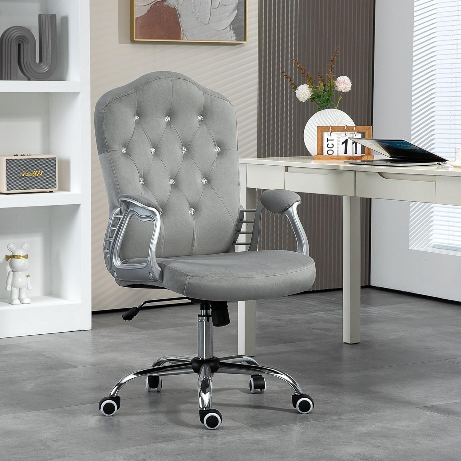 Ergonomic Premium Velvet Upholstery Tufted Button High-Back Lumbar Support Height Adjustable Swivel Wheels Tilt Mechanism Light Gray Finish Executive Office Chair