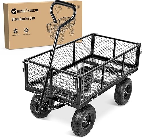 Yesker Carros de jardín de acero Carro volquete de 800 libras con ruedas inflables todo terreno para patio, césped, granjas, jardinería, carretilla
