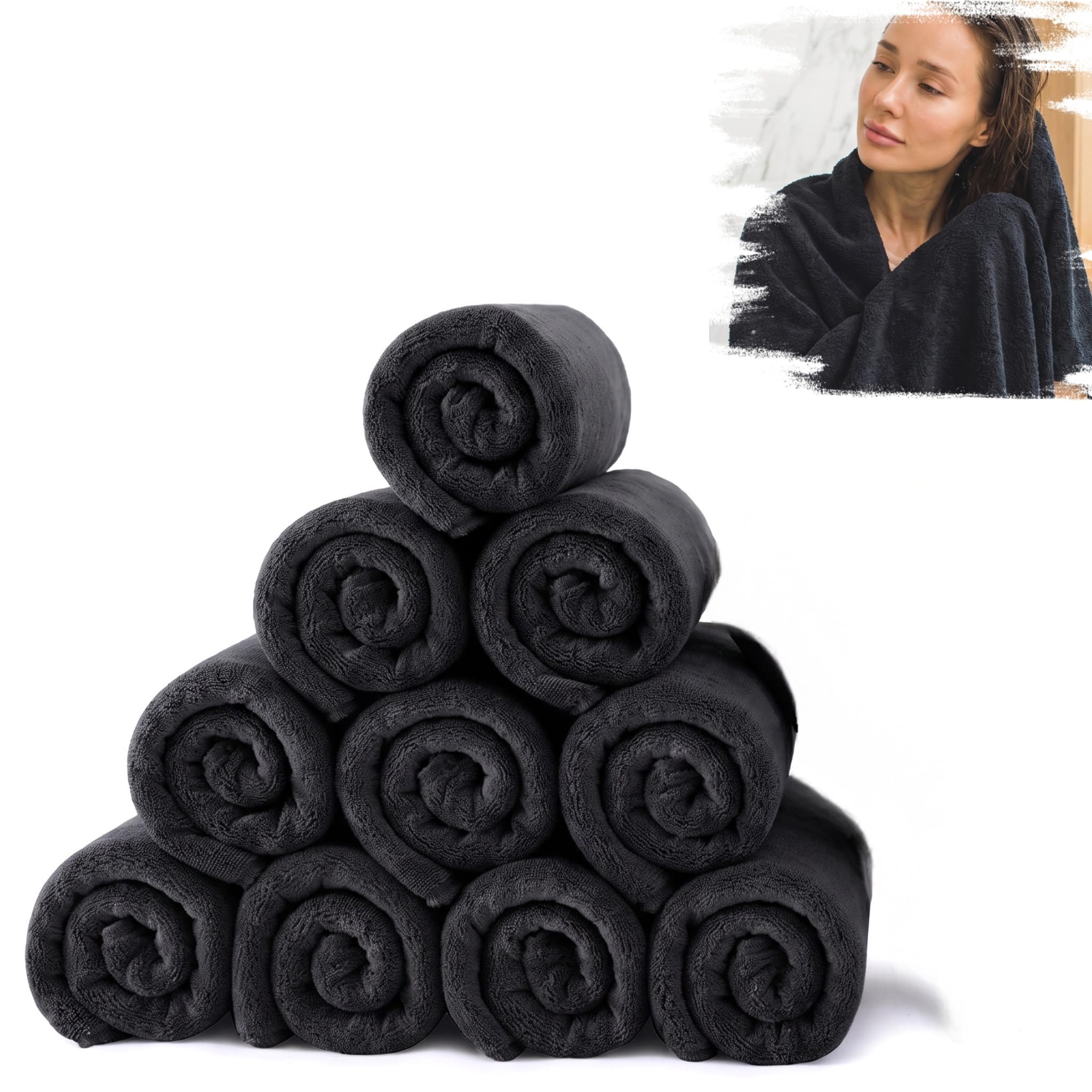 HXSYKJDM Black Towels 10 Pack – Microfibre Towel Set, 75x35cm