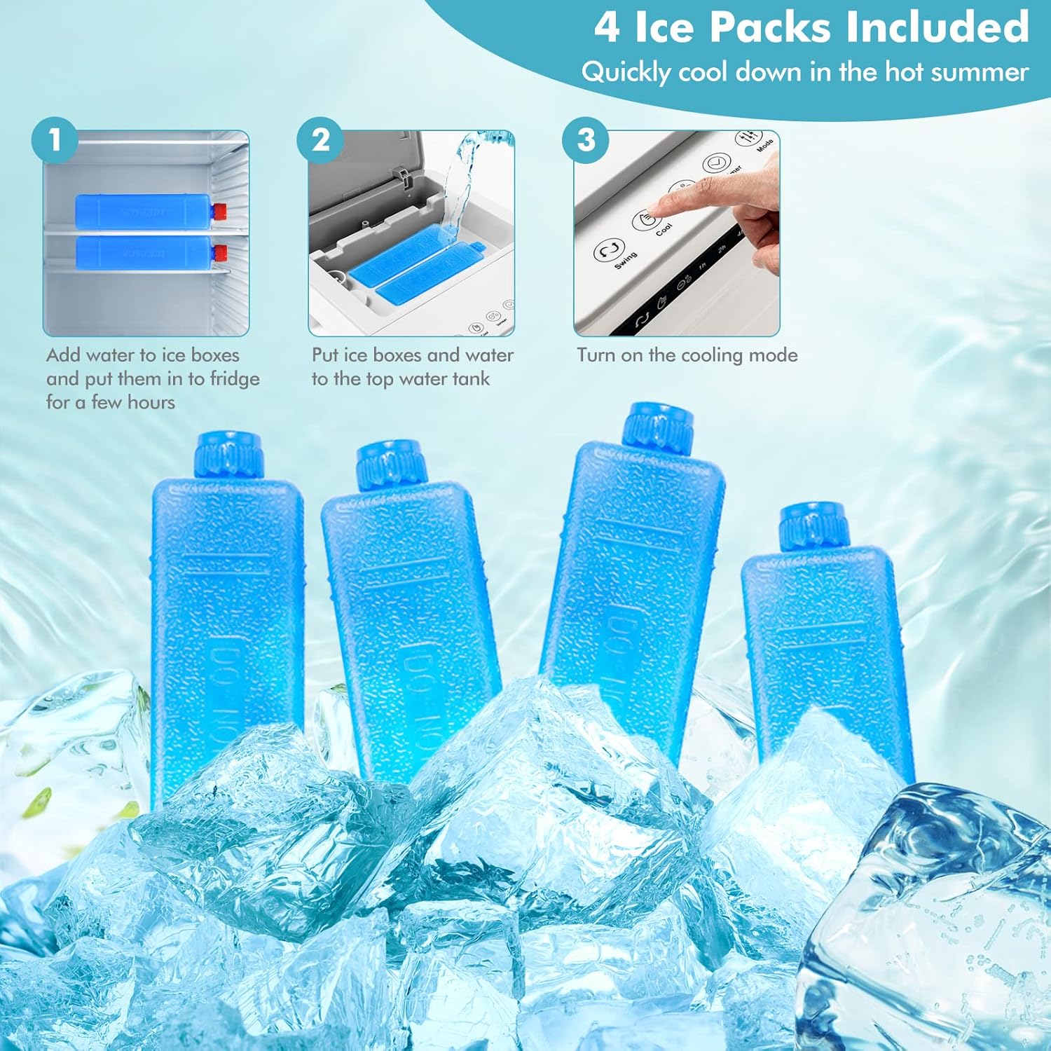 Diagram showing how to prepare and add ice packs to the air cooler's water tank.