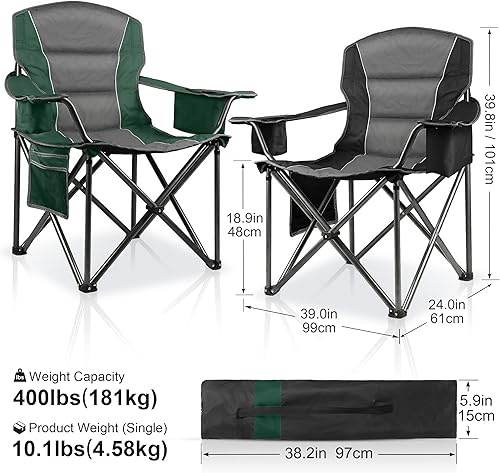Miniatura 2 de Paquete de 2 sillas de camping acolchadas de gran tamaño para adultos, soporte resistente de 400 libras, silla de césped portátil plegable con