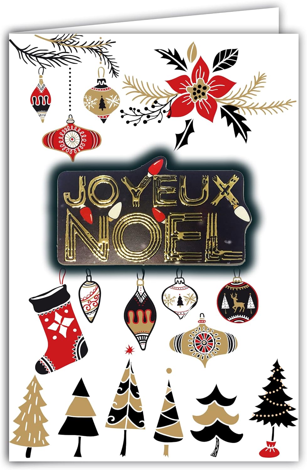 61-6053 Merry Christmas Card with Envelope and Collage Embossed Shiny Gold Glitter String Lights Balls Decorations Trees Poinsettia Star Stocking Gifts Santa