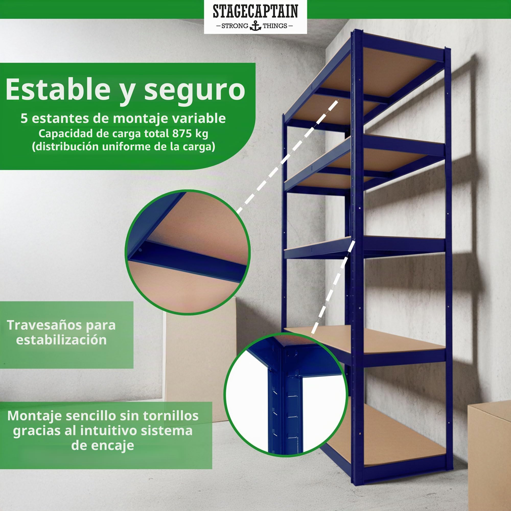 Stagecaptain Heavyrack HR-175 BU Juego de 2 estanterías metálicas - Estanteria Almacenaje de Cargas Pesadas de 875 kg MAX. - Estante Almacenamiento - 5 Baldas Multiusos - Azul