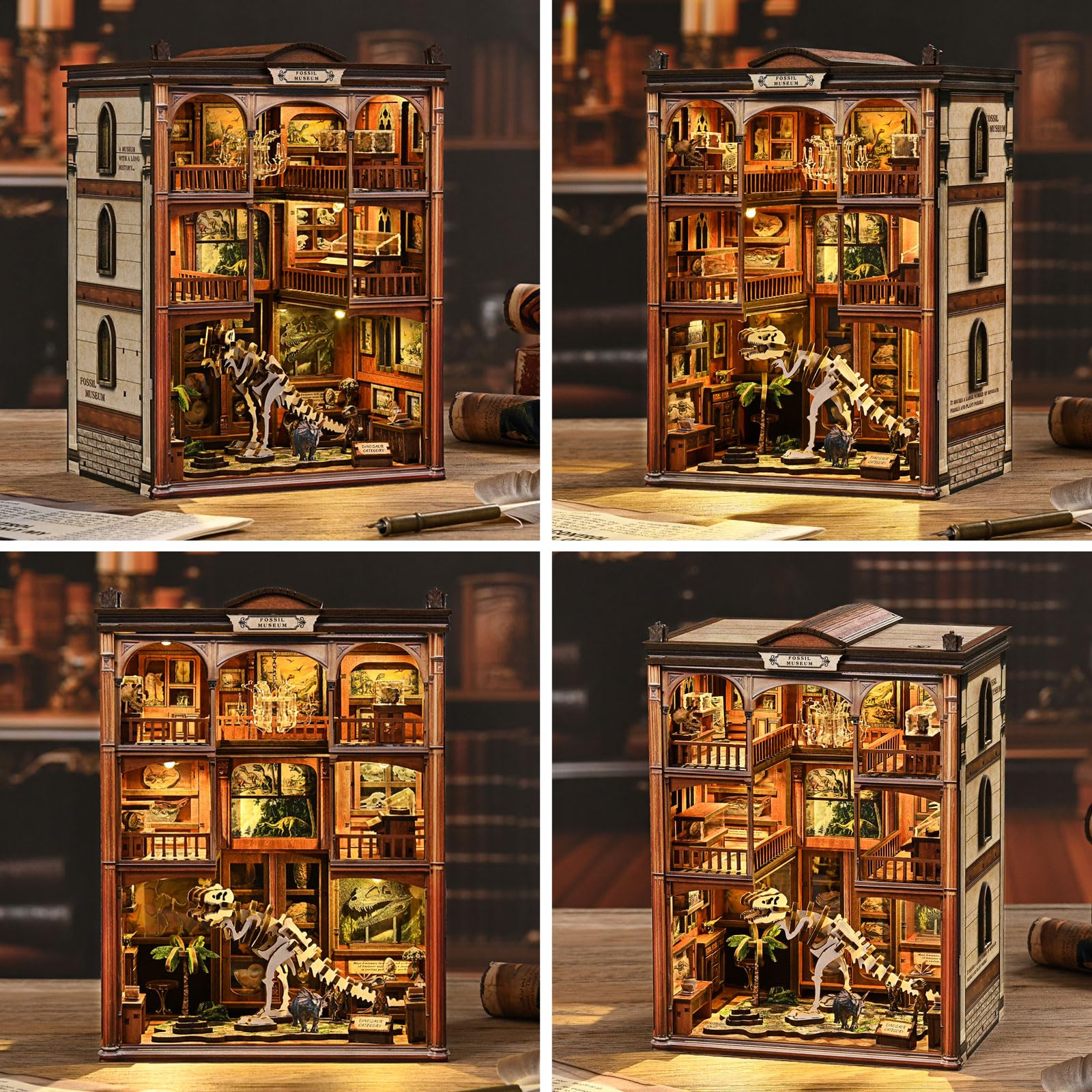 Book Nook Kit – model muzeum skamielin (motyw dinozaurów), miniaturowe drewniane puzzle 3D z oświetleniem LED, zestaw do majsterkowania dla dorosłych, prezent i akcesoria do domu