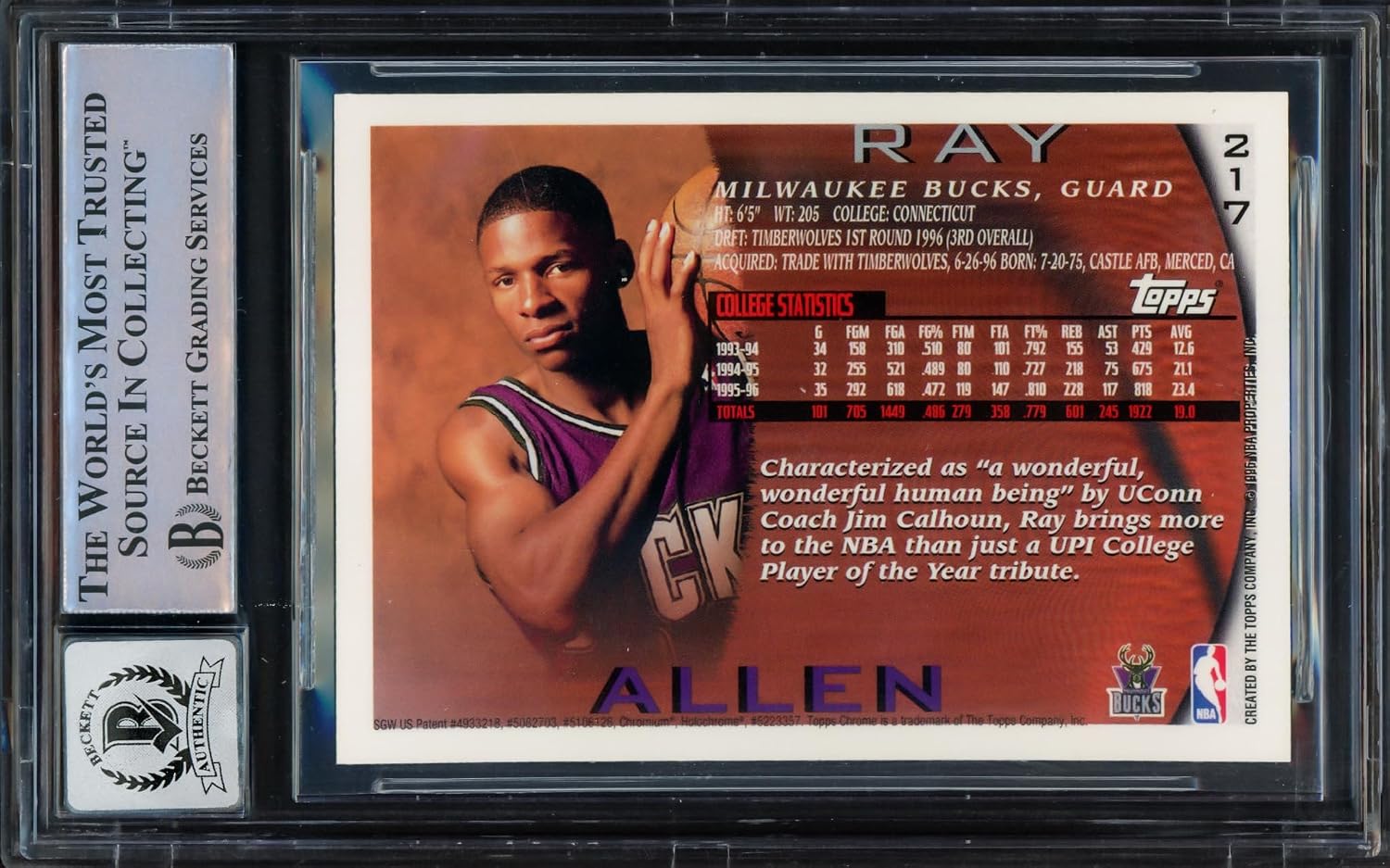 Ray Allen Autographed 1996 Topps Chrome Rookie Card #217 Auto Grade Gem Mint 10 Beckett BAS #16541804