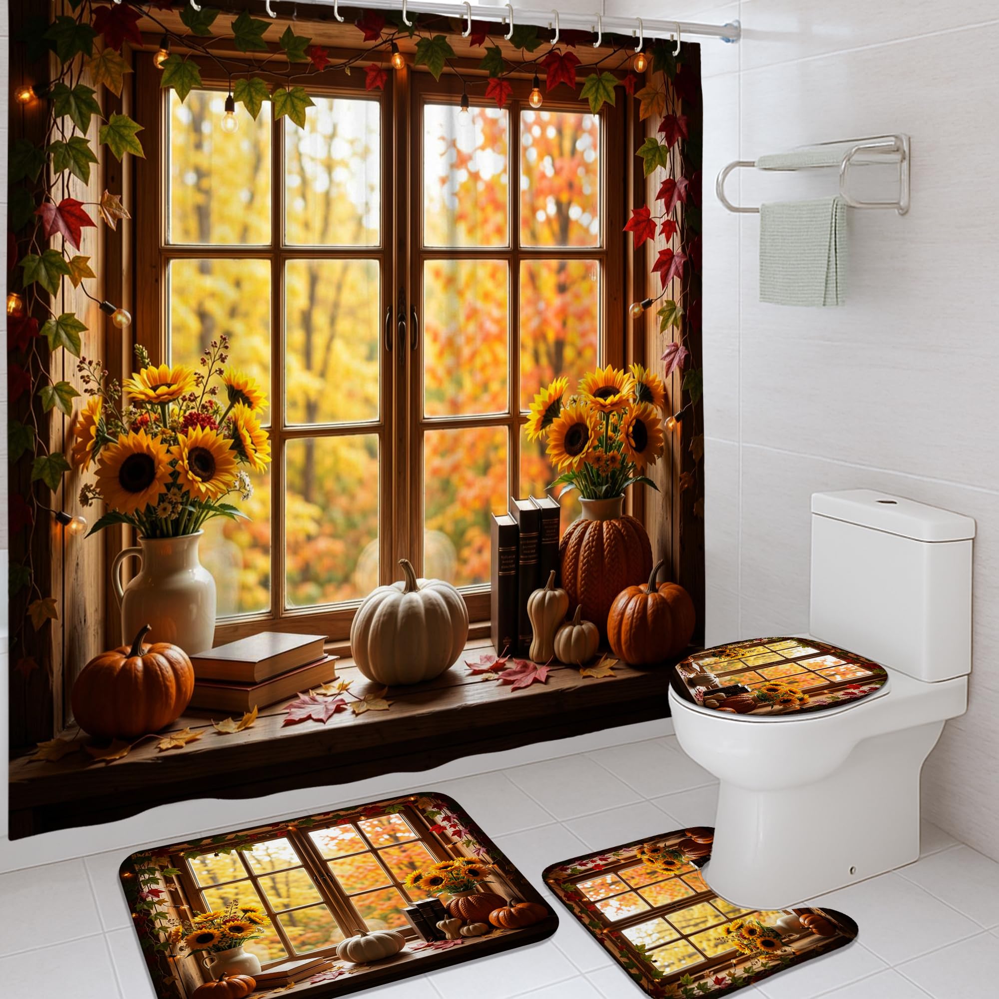 Rideau de douche tournesol et citrouille d'automne en tissu imperméable pour salle de bain 183x183