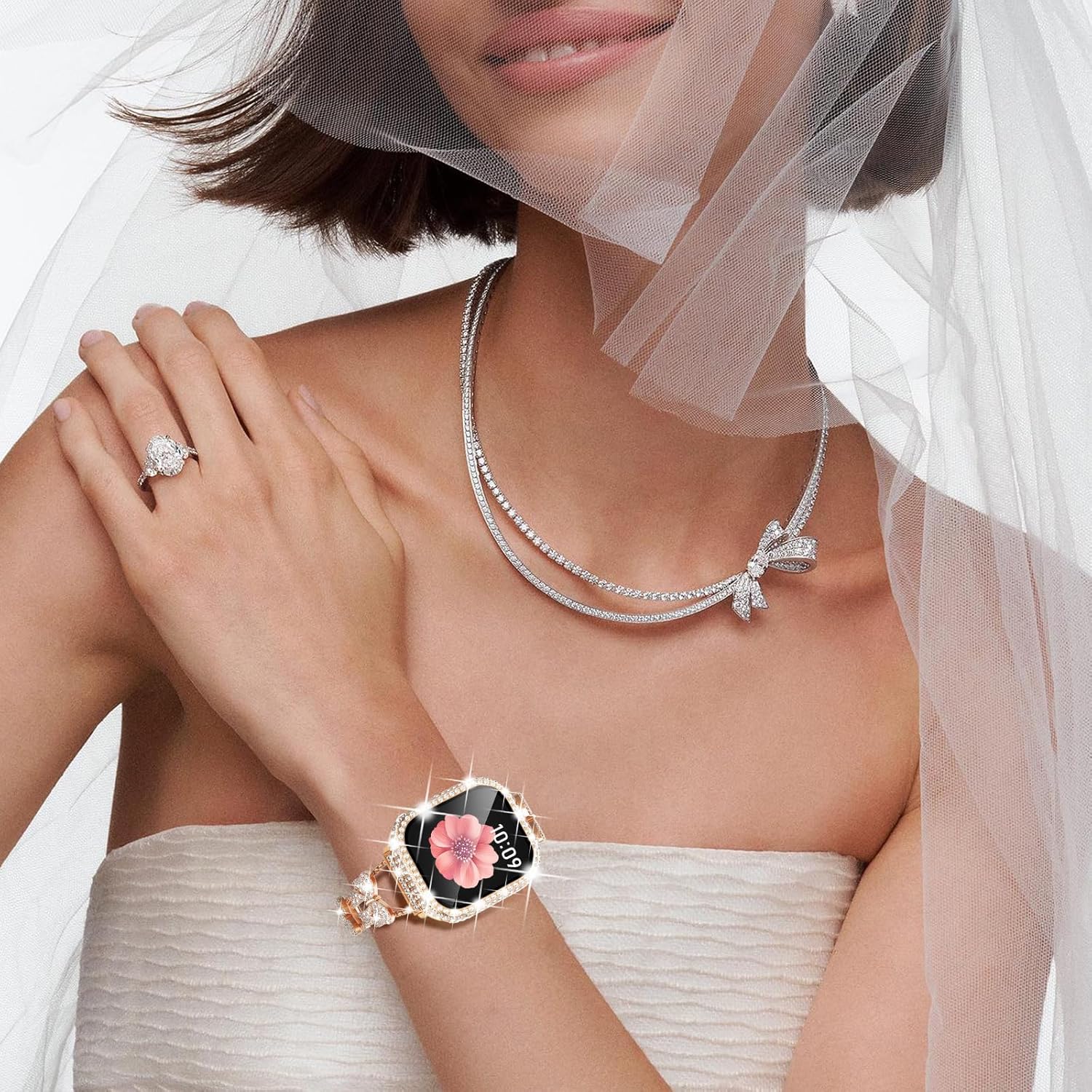 Surace Compatible with Apple Watch Bands for Women 40mm 41mm 44mm 45mm 42mm 46mm, Bow Jewelry Diamond Rhinestone Link Bracelet with 2 in 1 Waterproof Case for iWatch Series 11/10/9/8/7/6/5/4 SE3/2/1 - Image 8