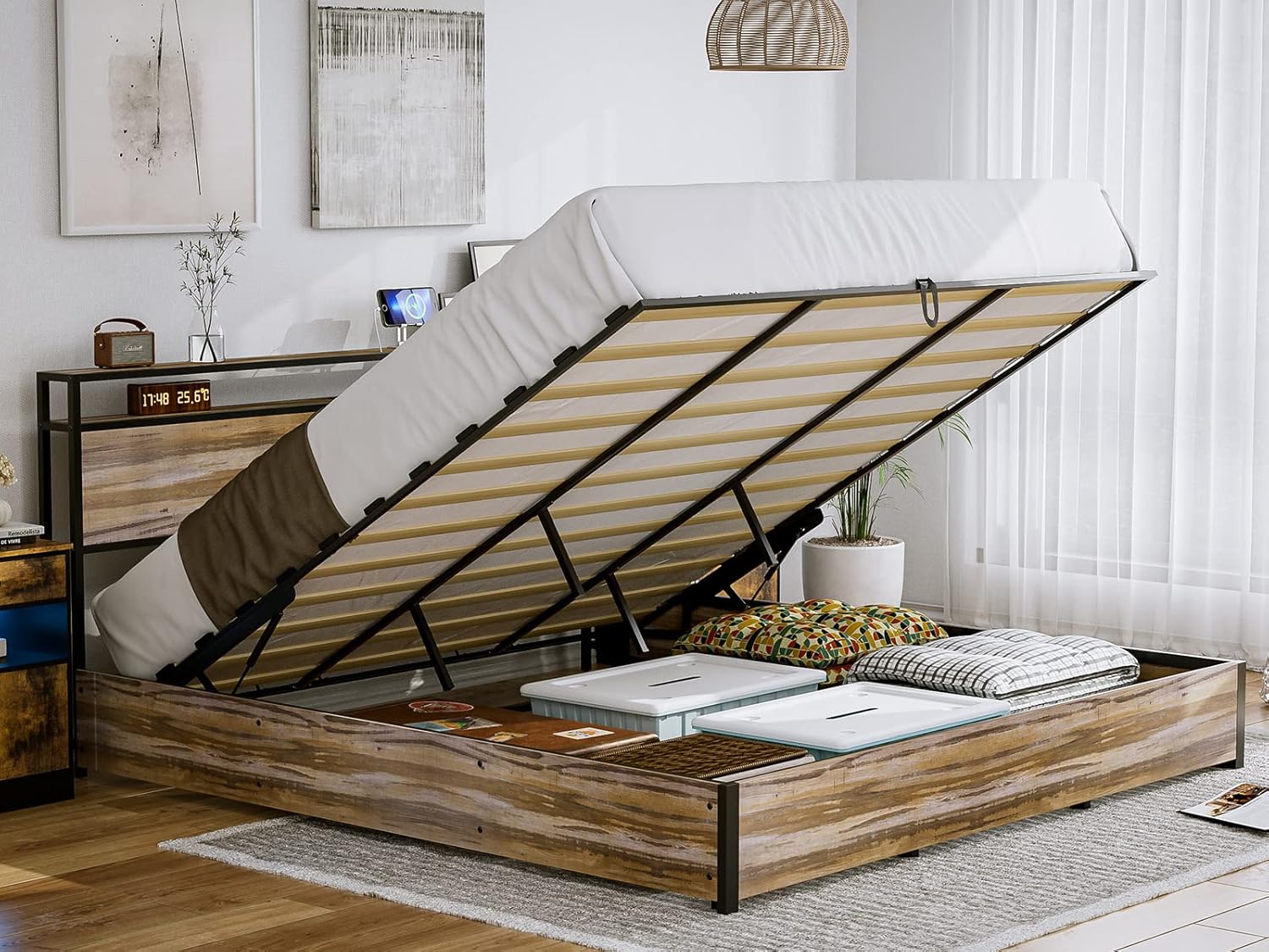 IKIFLY Lift Up Storage Bed, California King Bed Frames with