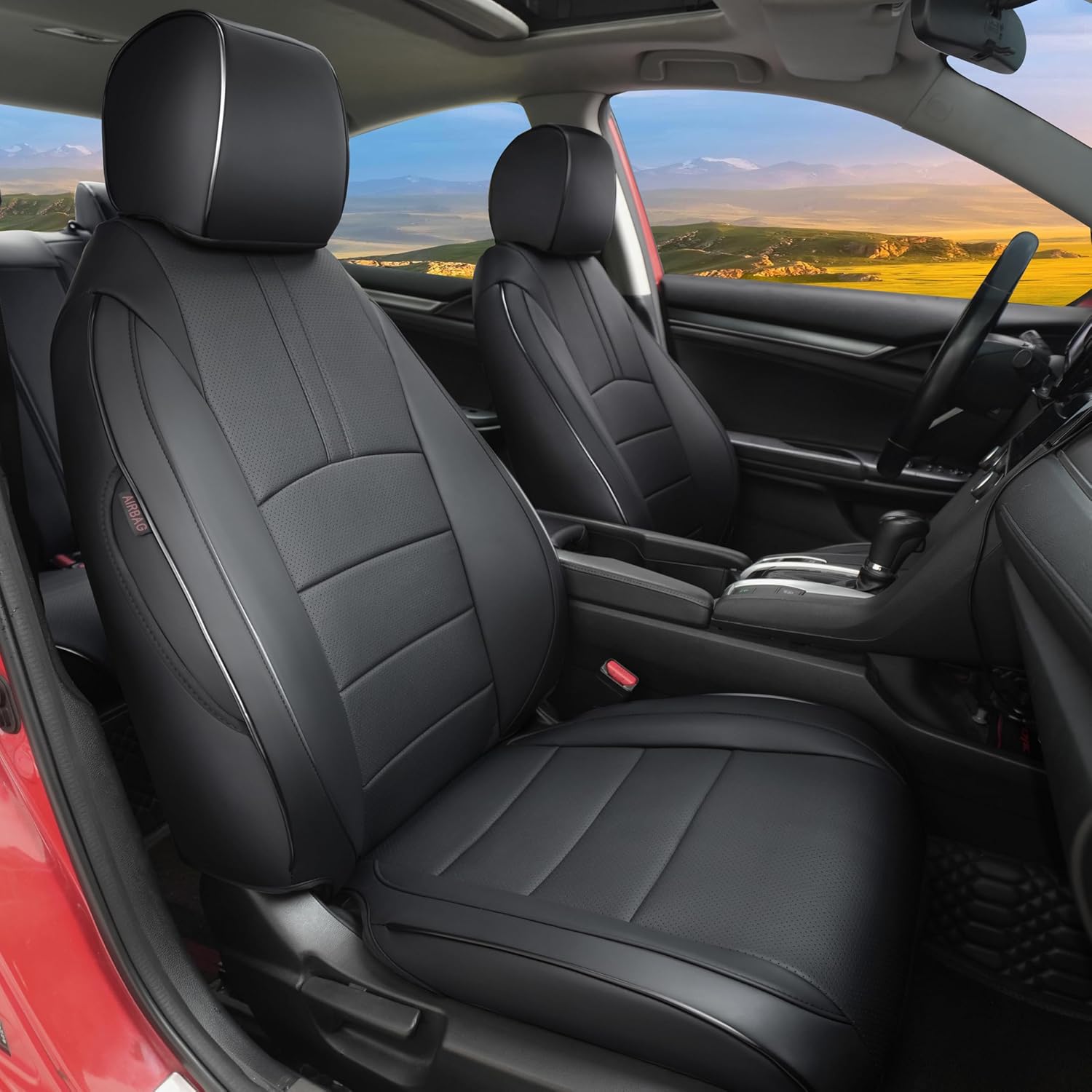 Lolcar Custom Fit Civic Seat Covers for Honda Civic Sedan 2016 2017 2018 2019 2020 2021 LX(Not for LX-P) - 5-Seats Leather Full Set ，Black(Solid Rear Seatback - No Rear Armrest)