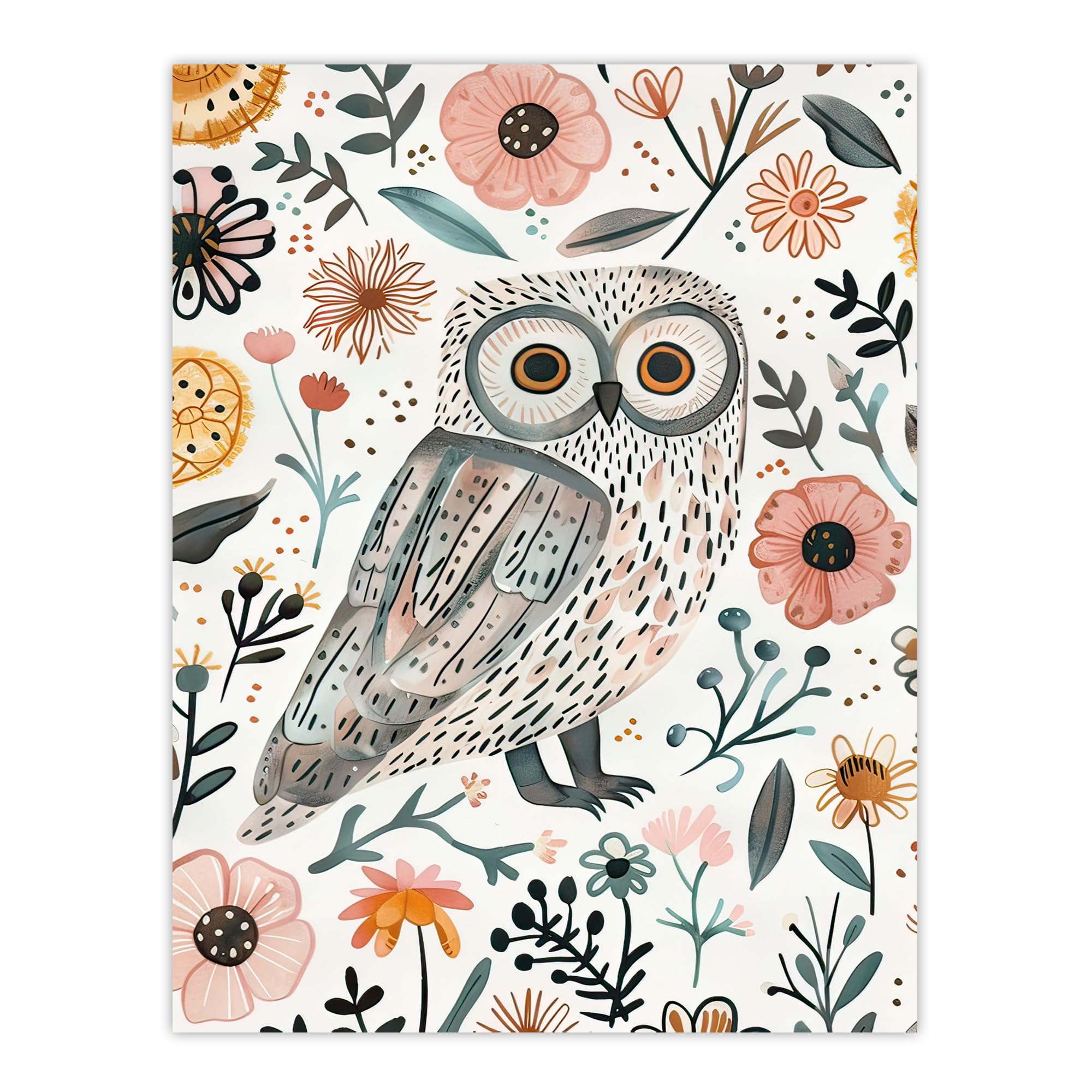 Artery8 Cute Tawny Owl with Flowers Bright Watercolour Kids Bedroom Nursery Extra Large XL Wall Art Poster Print