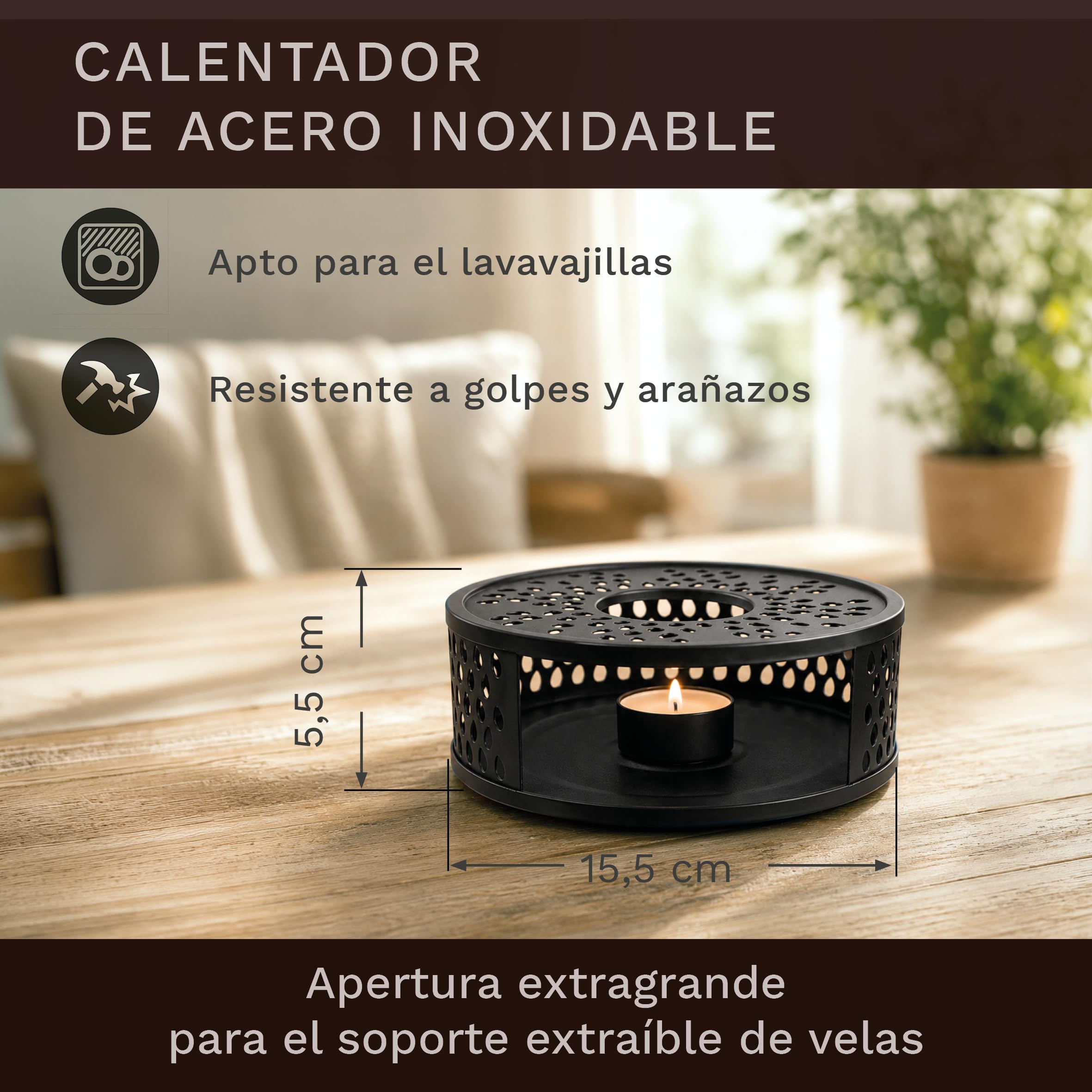 Creano Tetera de Vidrio „Plana“ 1,2L con Filtro de Vidrio y Calentador „Leaf“ Negro – Infusión Pura sin Sabor Metálico