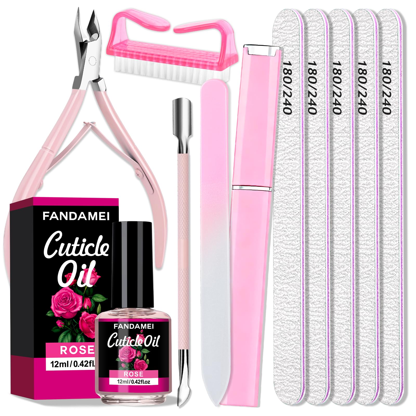 FANDAMEI Manicure Kit For Women, Nail Care Kit With Glass Nail File, 5pcs 180/240 Grit Nail Files For Natural Nails, Cuticle Oil, Cuticle Trimmer, Cuticle Pusher, Manicure Set, Nail Kit, Nail Prep Kit