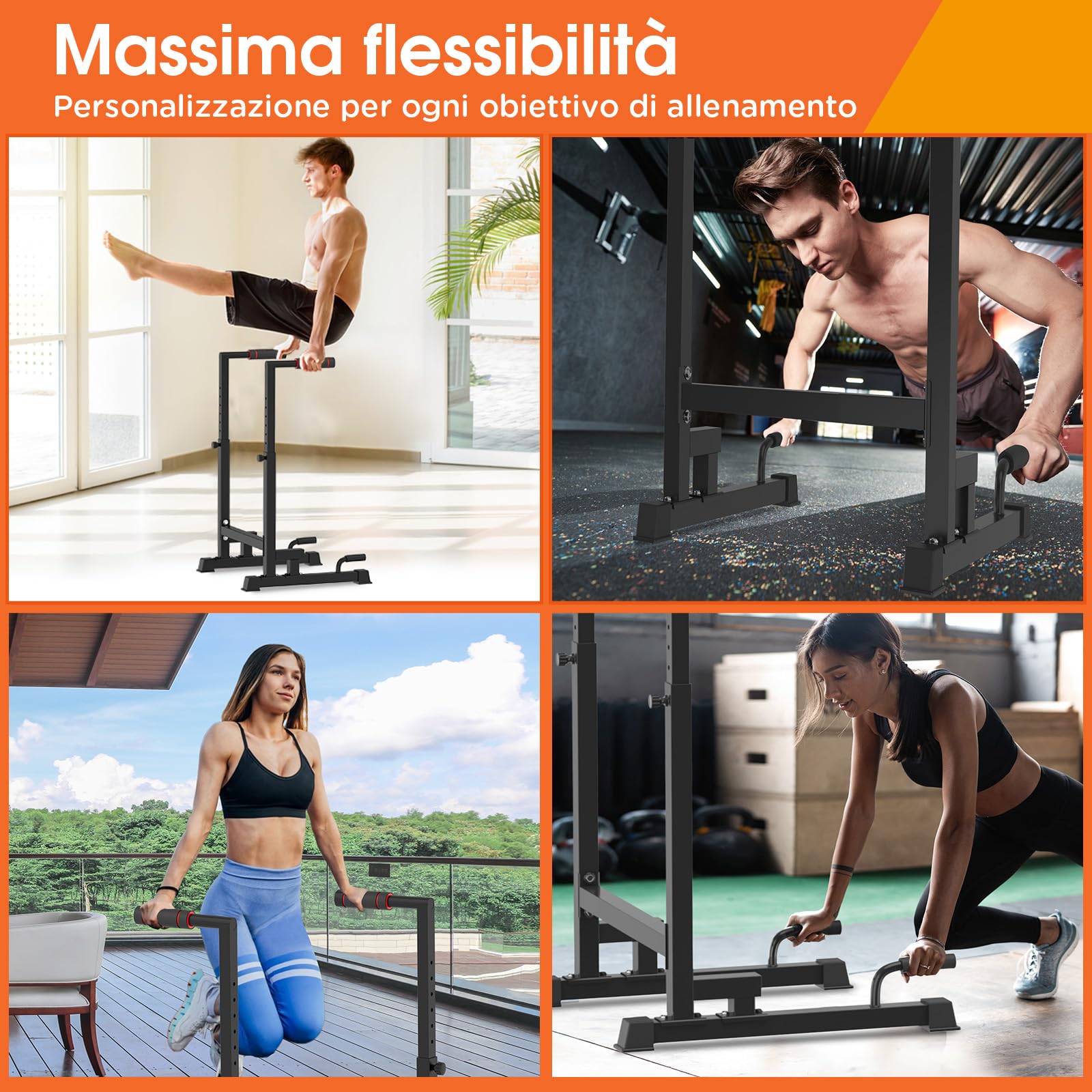 DH FitLife - Dip Parallele Calisthenics Robuste, Stabili e Versatili per Allenamento a Casa | Dip Station Regolabile in 9 Altezze (100-130 cm), Ideale per Parallele Dip, Push Up e Sviluppo Forza