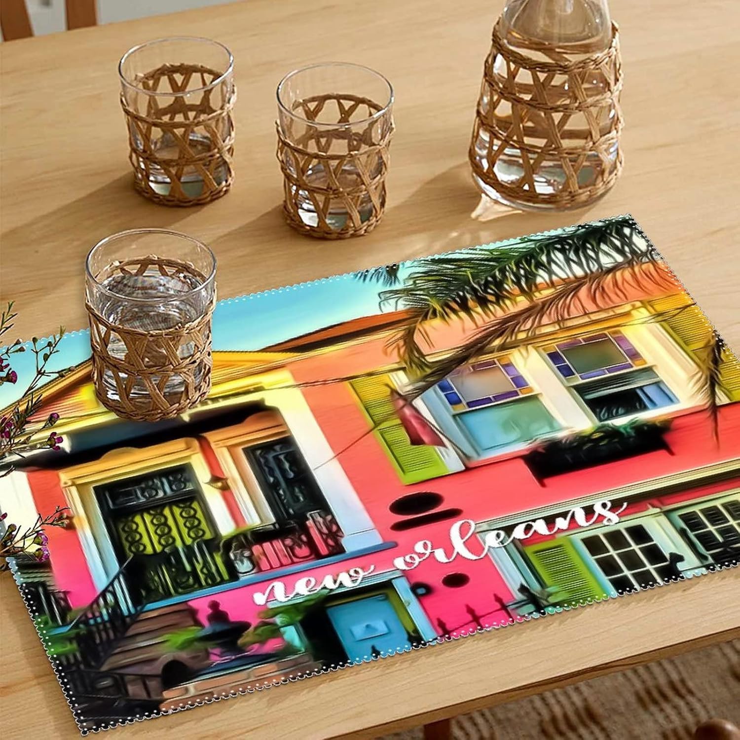 Placemat New Orleans Cityscape Dining Table Polyester Table Mat Set of 6 City Building House Decorations Skyscraper Kitchen Table Mats Heat Resistant Washable Table Mats
