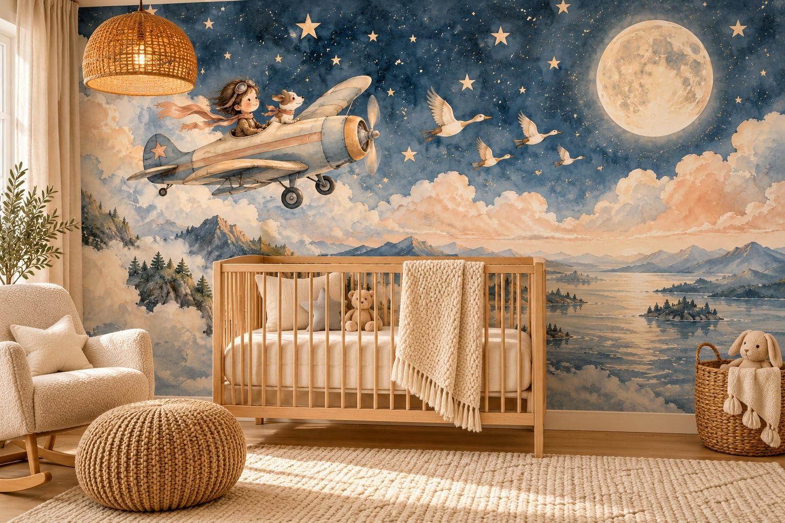 MOOGCO Fototapete Flug im Mondlicht, selbstklebende Kinderzimmer Wandbild Tapete, Aquarell Flugzeug Himmel Babyzimmer Tapete, 160 x 100 in