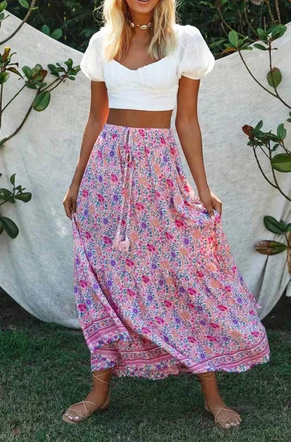 R.Vivimos Womens Summer Cotton Vintage Floral Print Boho Casual Ruffled Flowy Maxi Skirt - Image 3