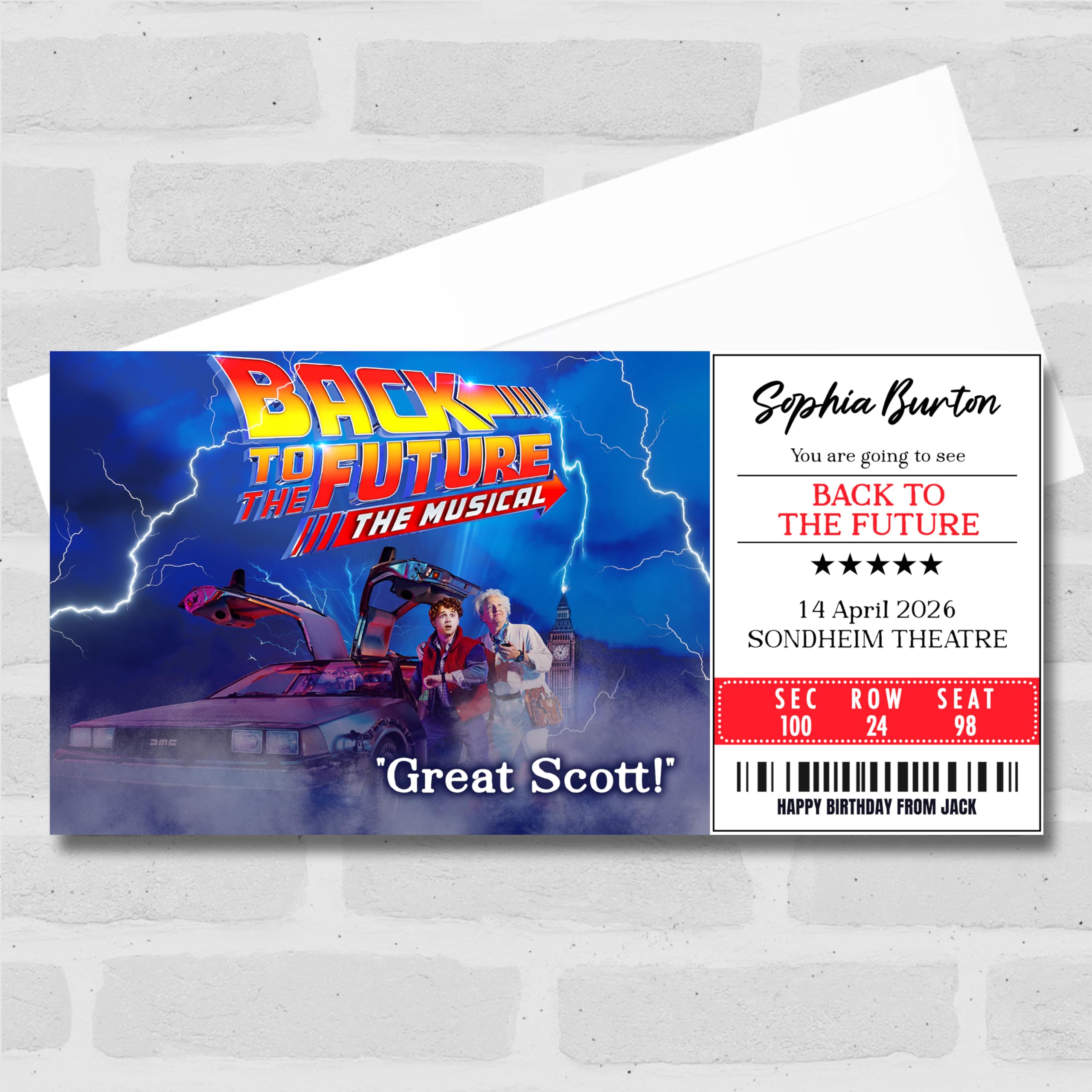 Greetings Card - Back To The Future Personalised Gift Voucher Surprise Theatre Show Ticket | Custom Greetings Card | Surprise Reveal Voucher Spoof Ticket