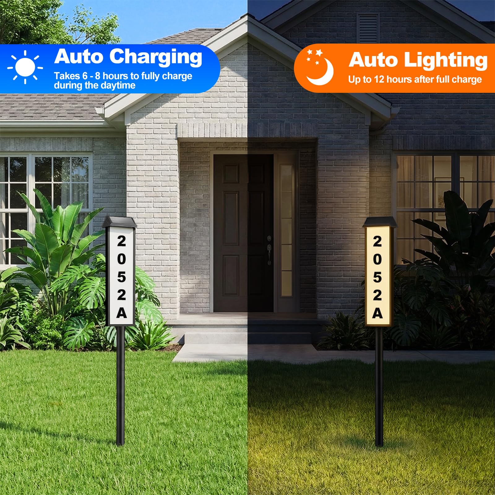 Brightever Segnali solari per indirizzi, numero civico per esterni, impermeabile, 3 colori, illuminata a LED, con paletto, numeri di indirizzo luminosi a energia solare, per case e cortili, confezione
