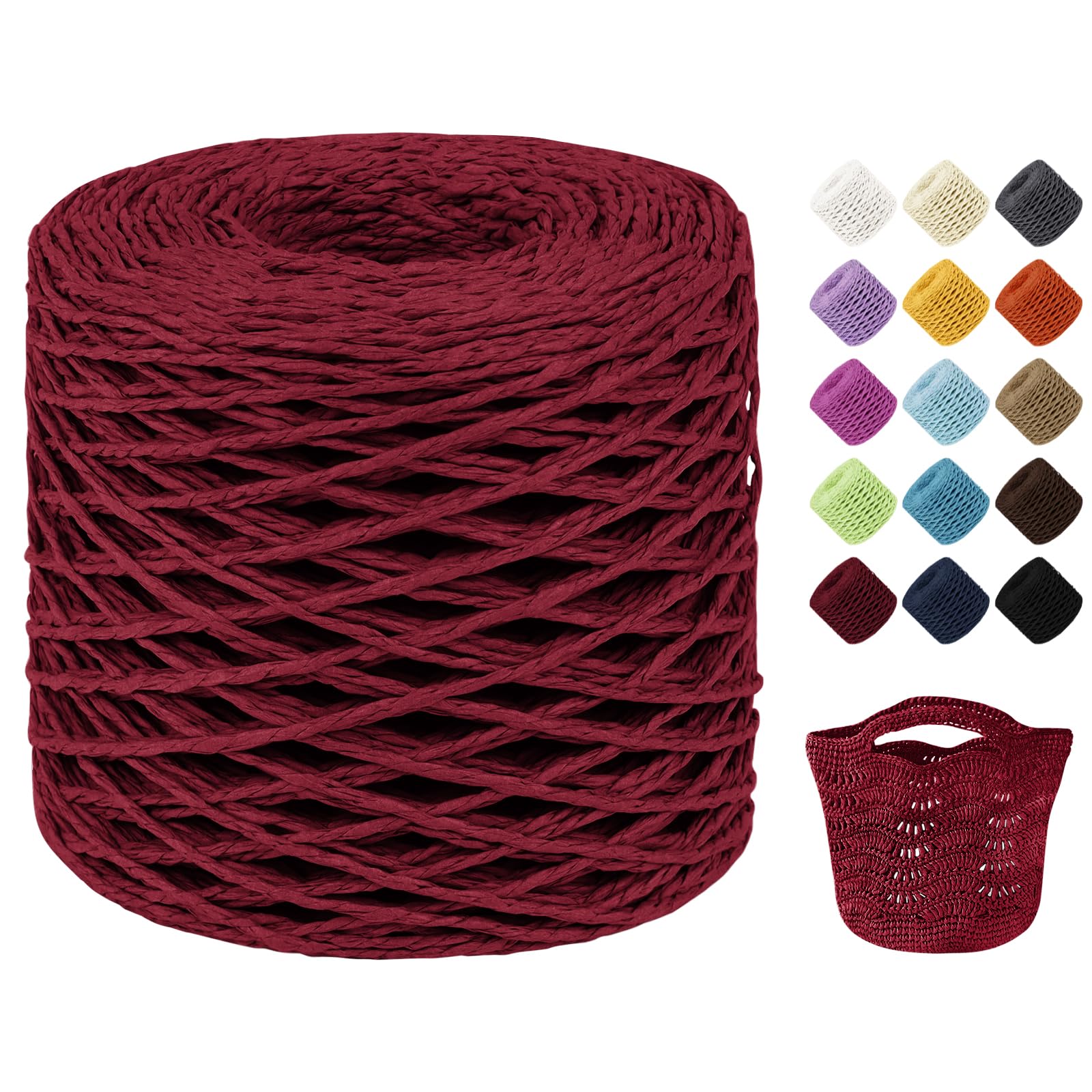 Uiopa Raffia Yarn for Crochet, 2mm x 200m Raffia Paper String Straw Crochet Yarn for Crocheting Beach Bags, Sun Hats, Home Decor, DIY Crafts (Red)