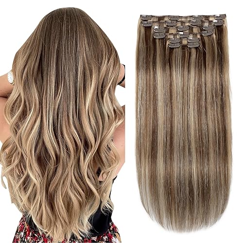 XDhair Extensiones de cabello humano Remy con clip 16 pulgadas marrón medio 4 mezclado con rubio caramelo 27 cabello real de seda lacio 353oz 6