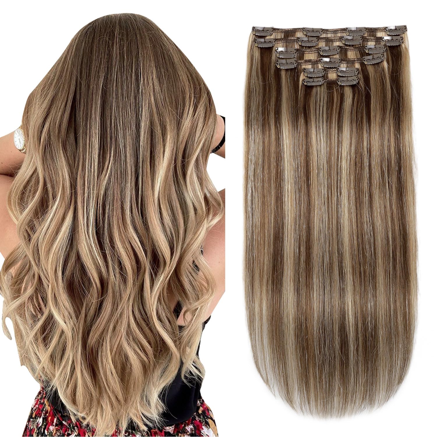 ✨20”FULL HEAD 120G 4- 27 BLONDE Human Hair Clipins -T4-27-P4-20-Inch-7PCS-120g-16  main image 3