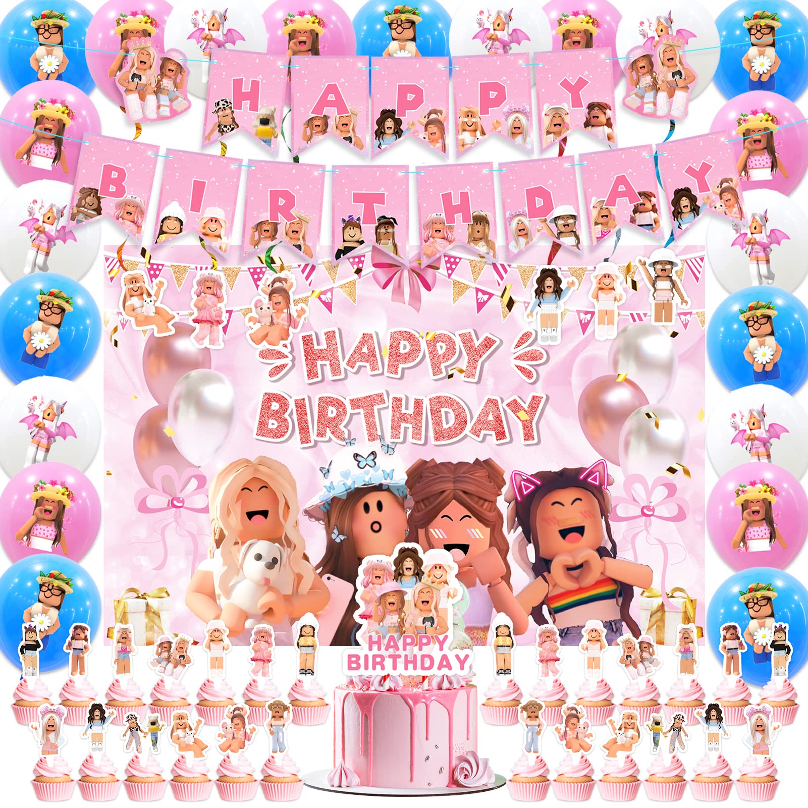 Roo-blox Birthday Party Supplies, Roo-blox Party Decorations, Party Favors for Kids with Birthday Banners, Backdrop, 24 Latex Balloons, Cake Decoration, 6 Hanging Swirls, 26 Cupcake Toppers