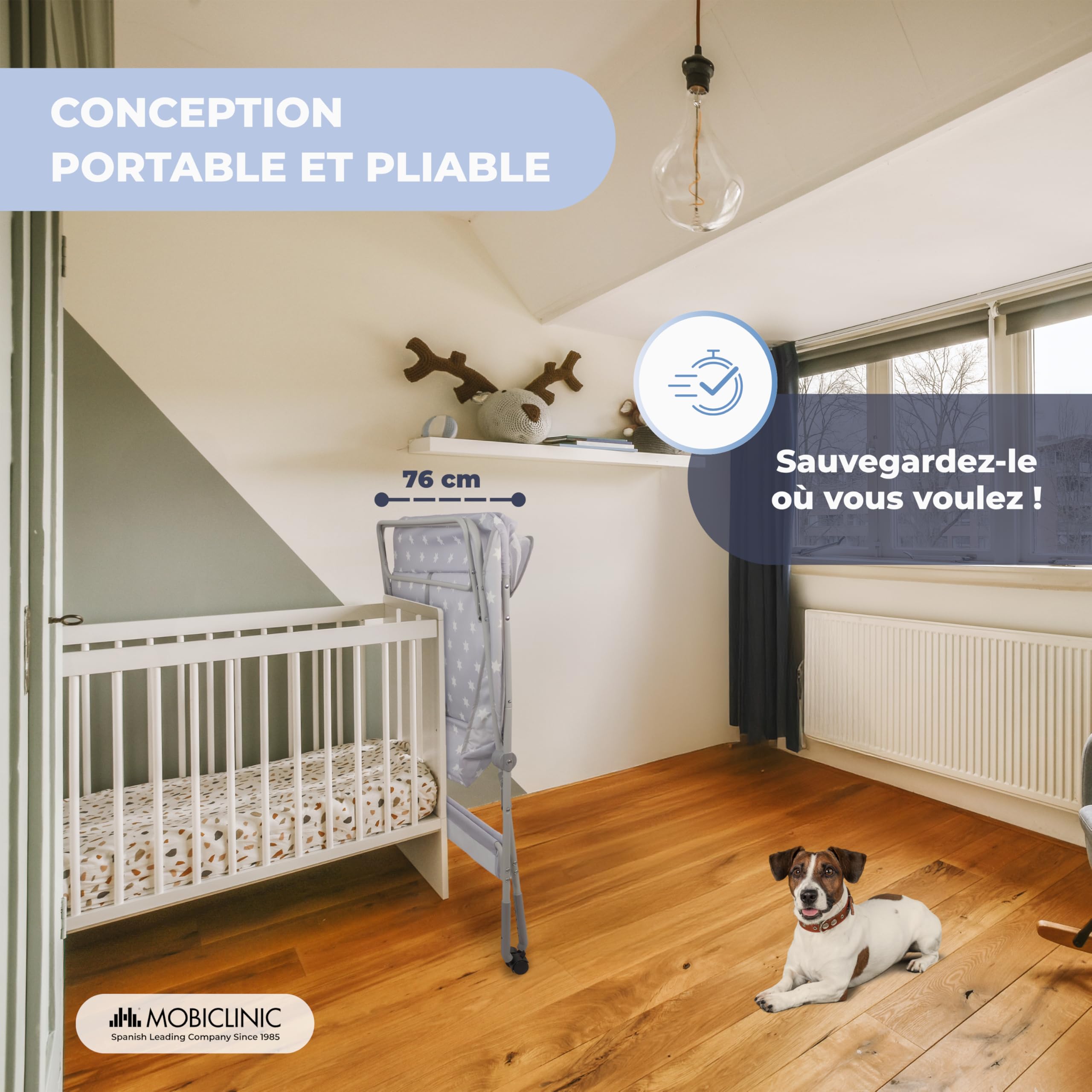 Mobiclinic Table à Langer Pliable Réglable en Hauteur Jusqu'à 15 kg 0-36 Mois Roulettes 360° avec Frein Harnais Barrière de Sécurité Housse Lavable Zoey